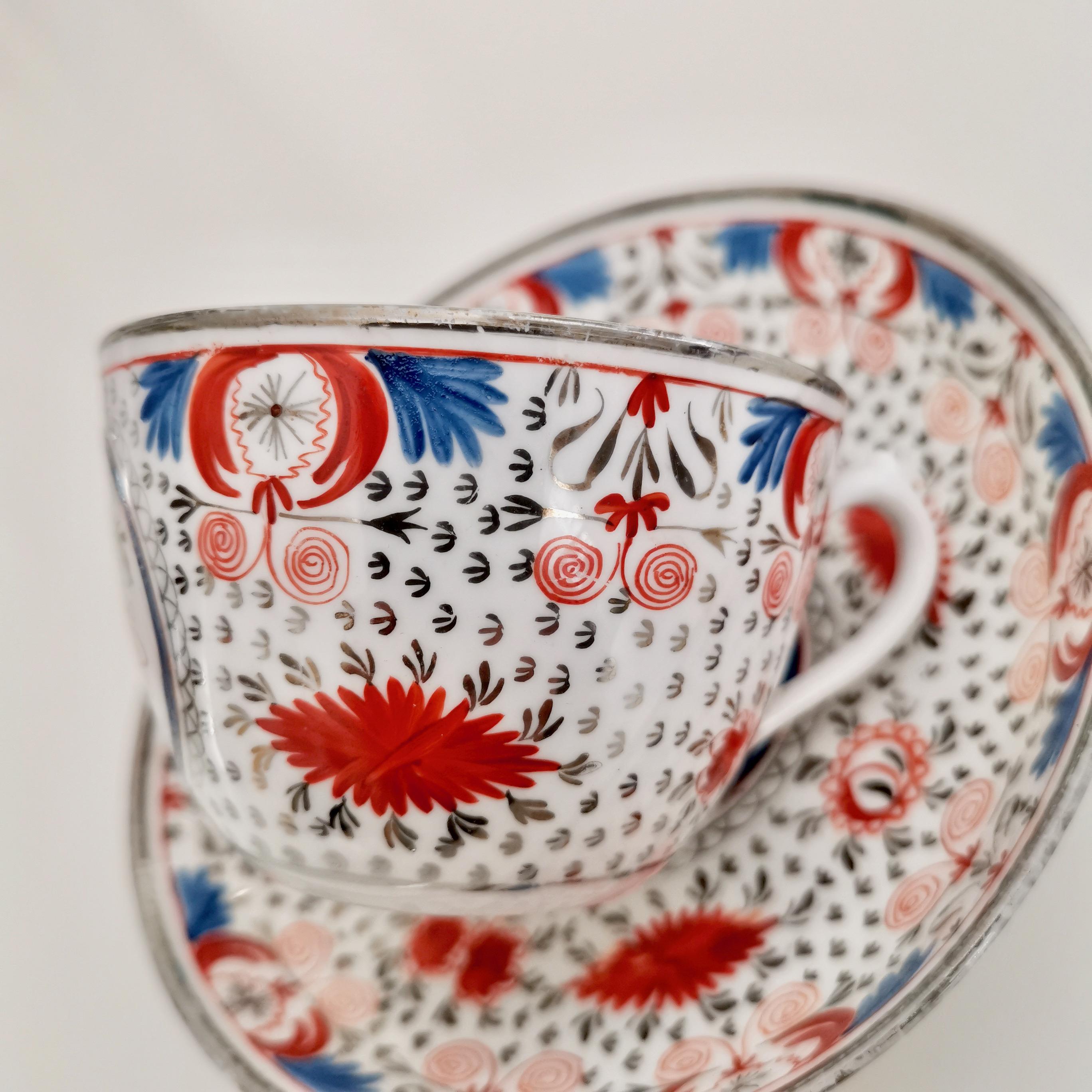 Early 19th Century Miles Mason Pearlware Teacup, Red, Blue and Silver, Regency, circa 1810