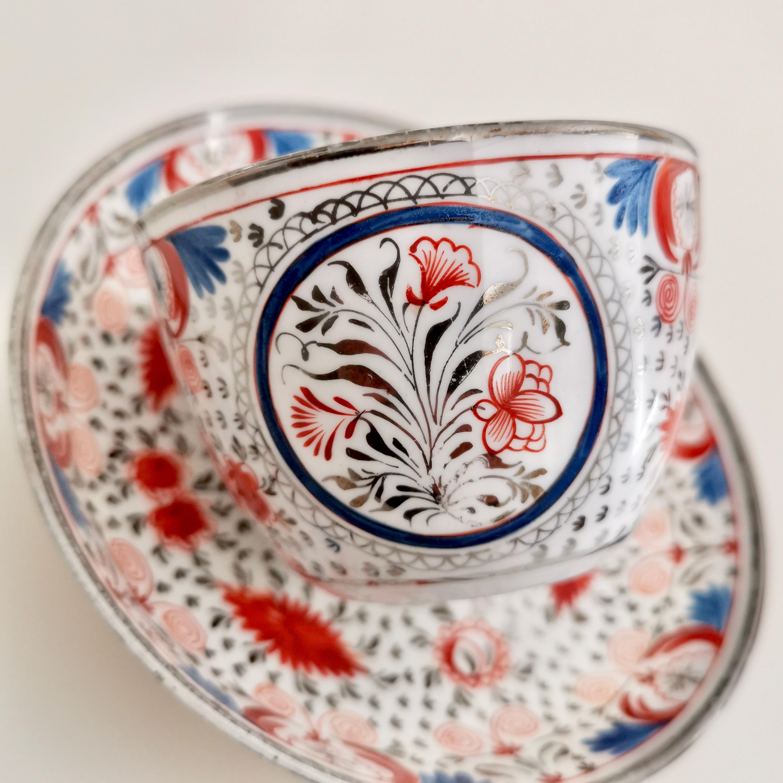 Miles Mason Pearlware Teacup, Red, Blue and Silver, Regency, circa 1810 1