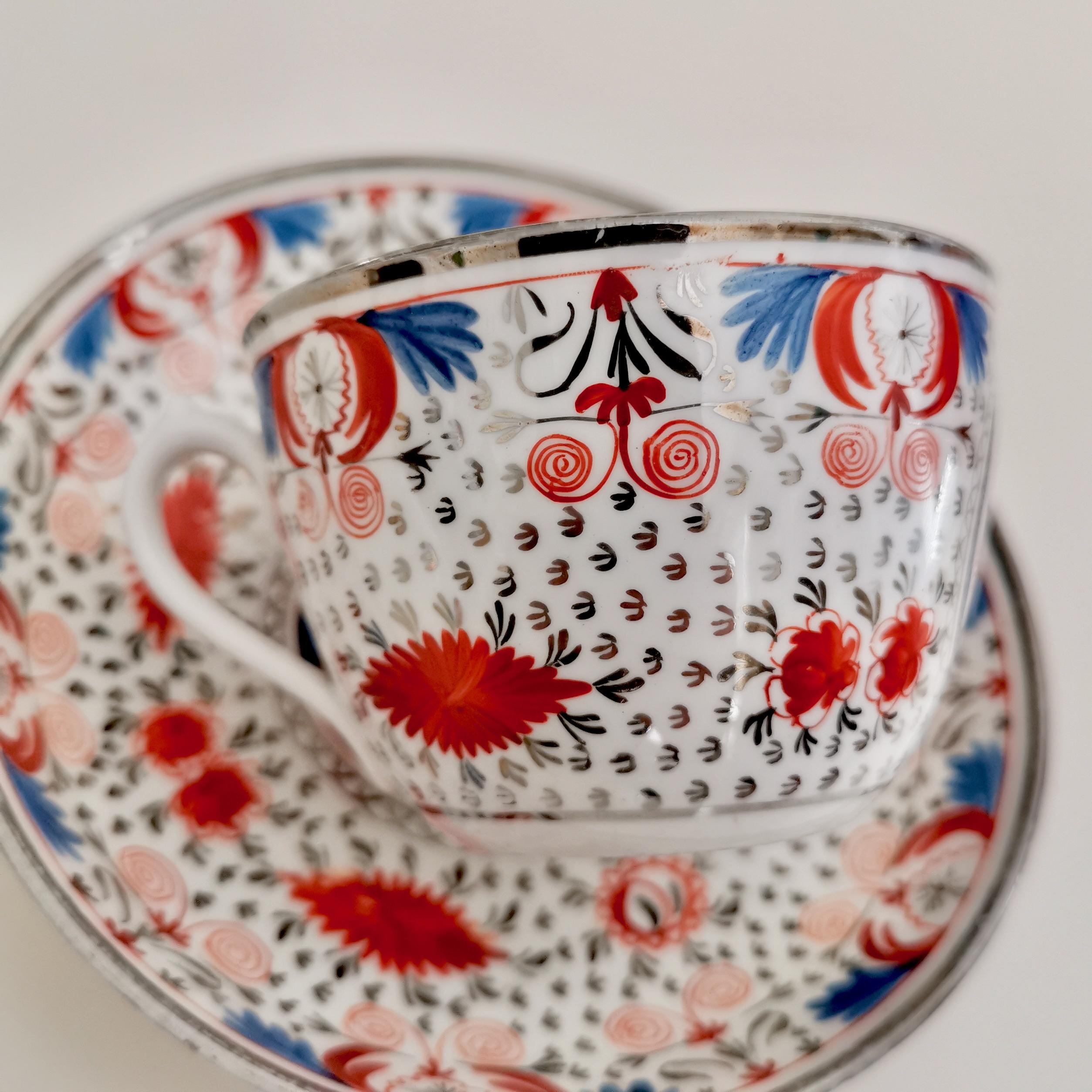 Miles Mason Pearlware Teacup, Red, Blue and Silver, Regency, circa 1810 2