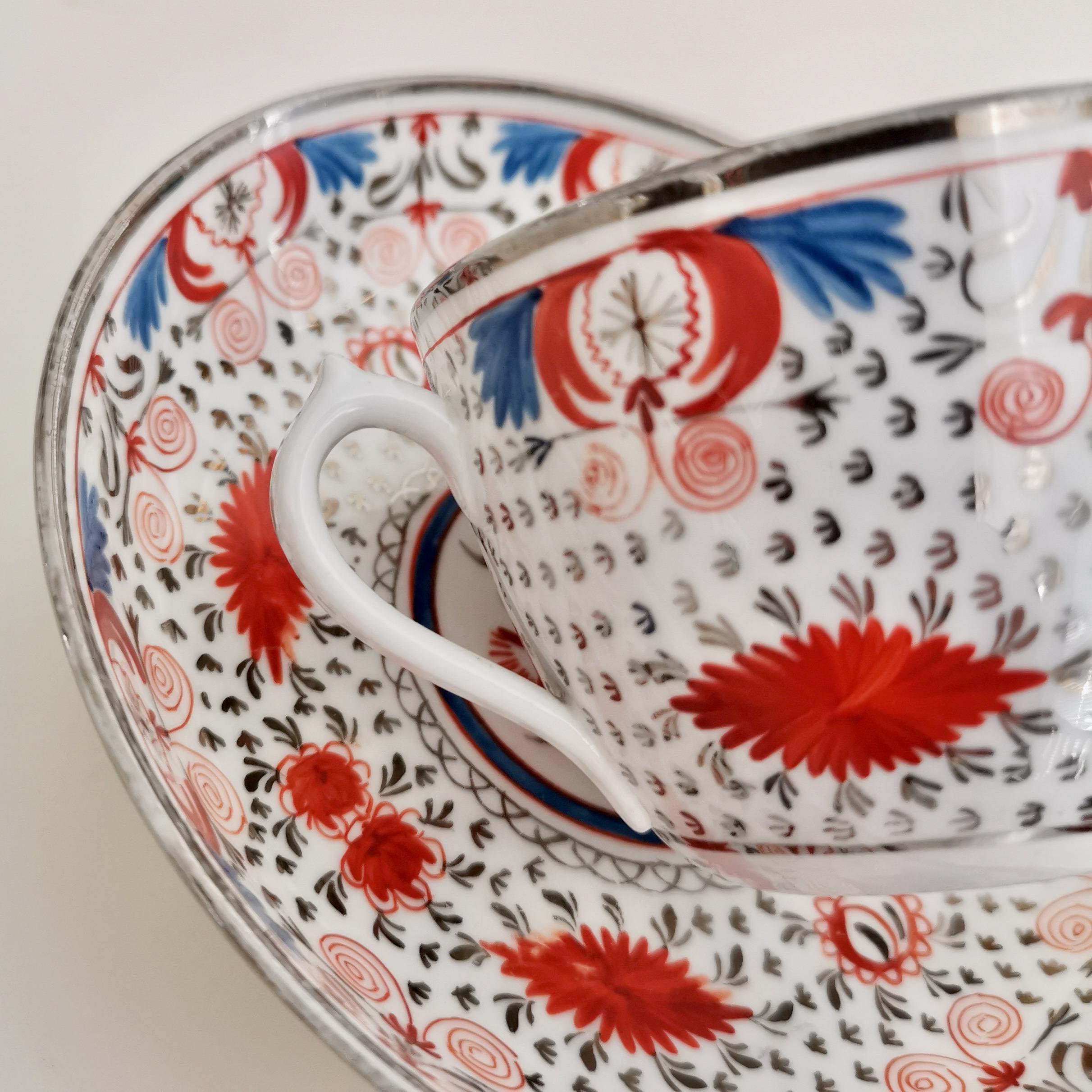 Miles Mason Pearlware Teacup, Red, Blue and Silver, Regency, circa 1810 3