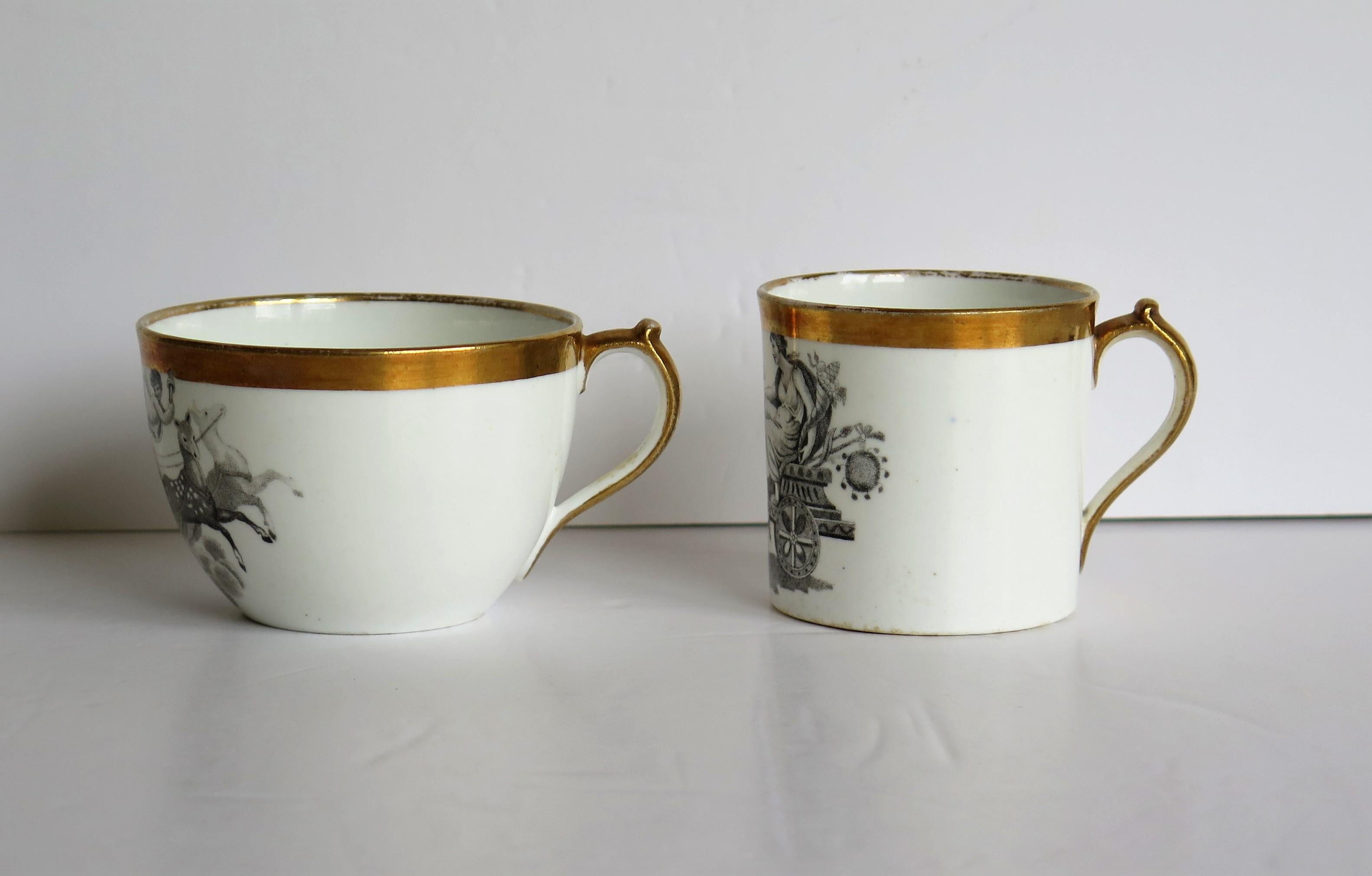 These are a beautiful matching pair of porcelain cups comprising a coffee can and a tea cup, in a classical bat printed pattern umber 349, made by Miles Mason (Mason's), Staffordshire Potteries, England around the turn of the 18th century, circa
