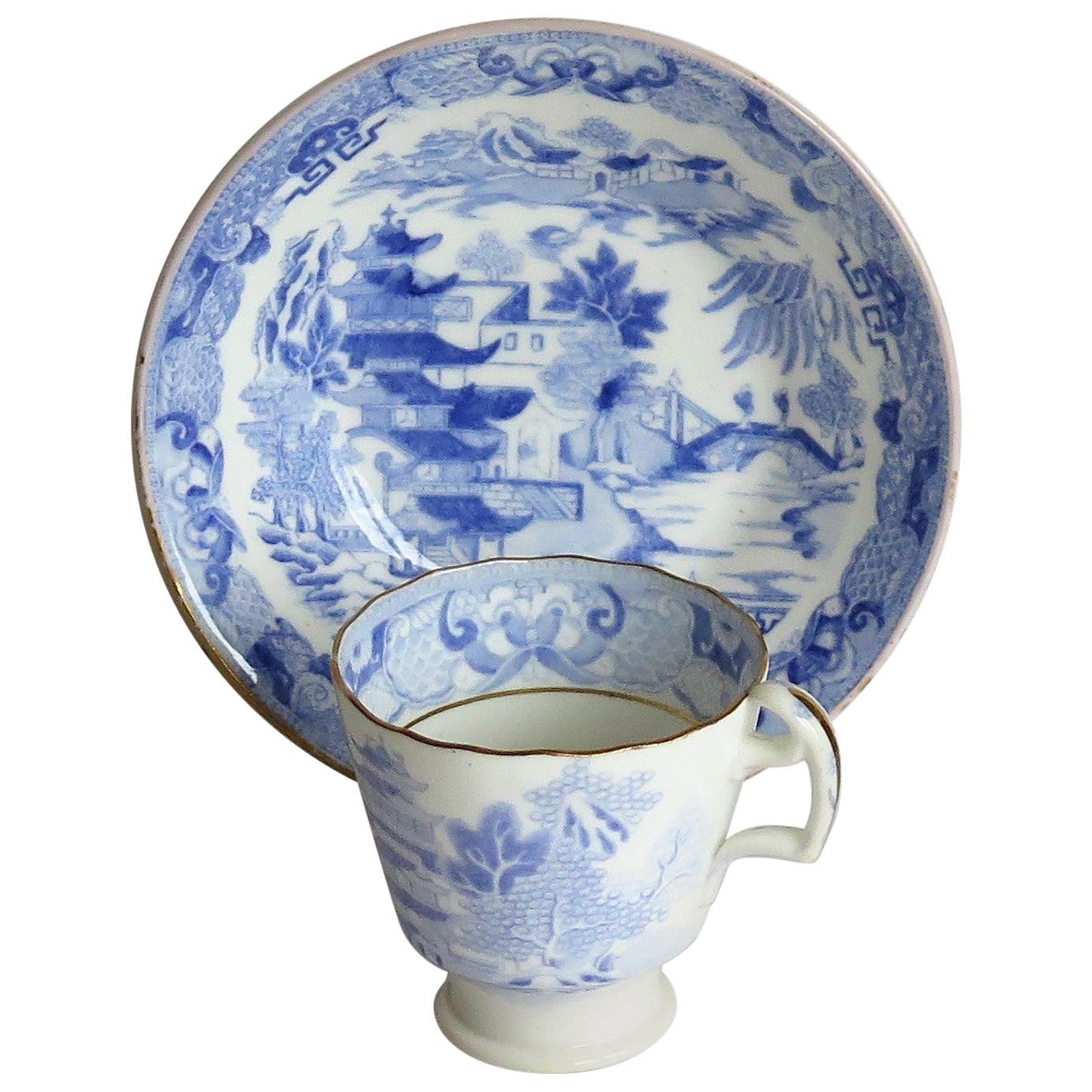 Miles Mason Porcelain Cup and Saucer Blue Broseley Willow Pattern, circa 1815