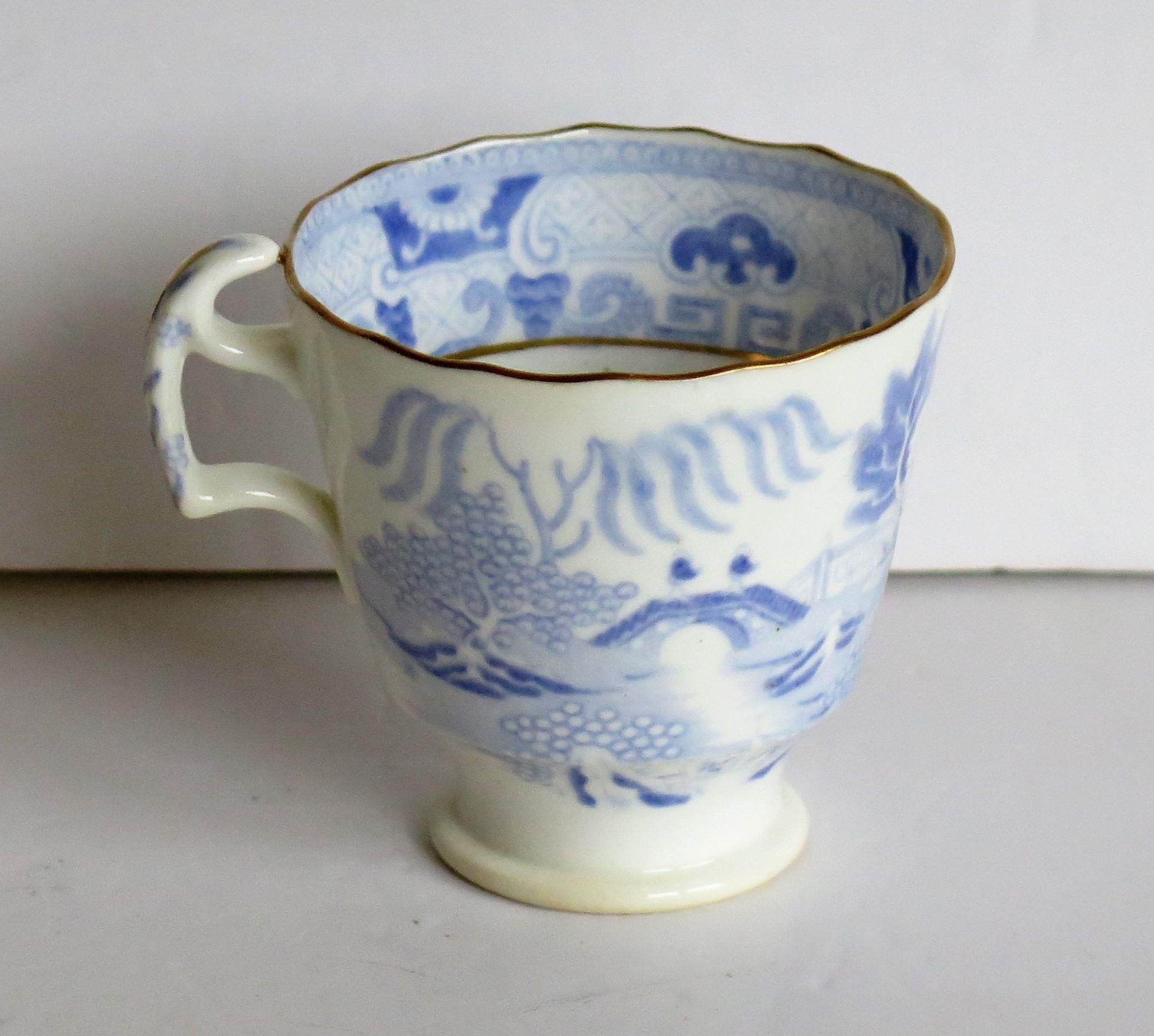 English Miles Mason Porcelain Cup and Saucer Blue Broseley Willow Pattern, circa 1815