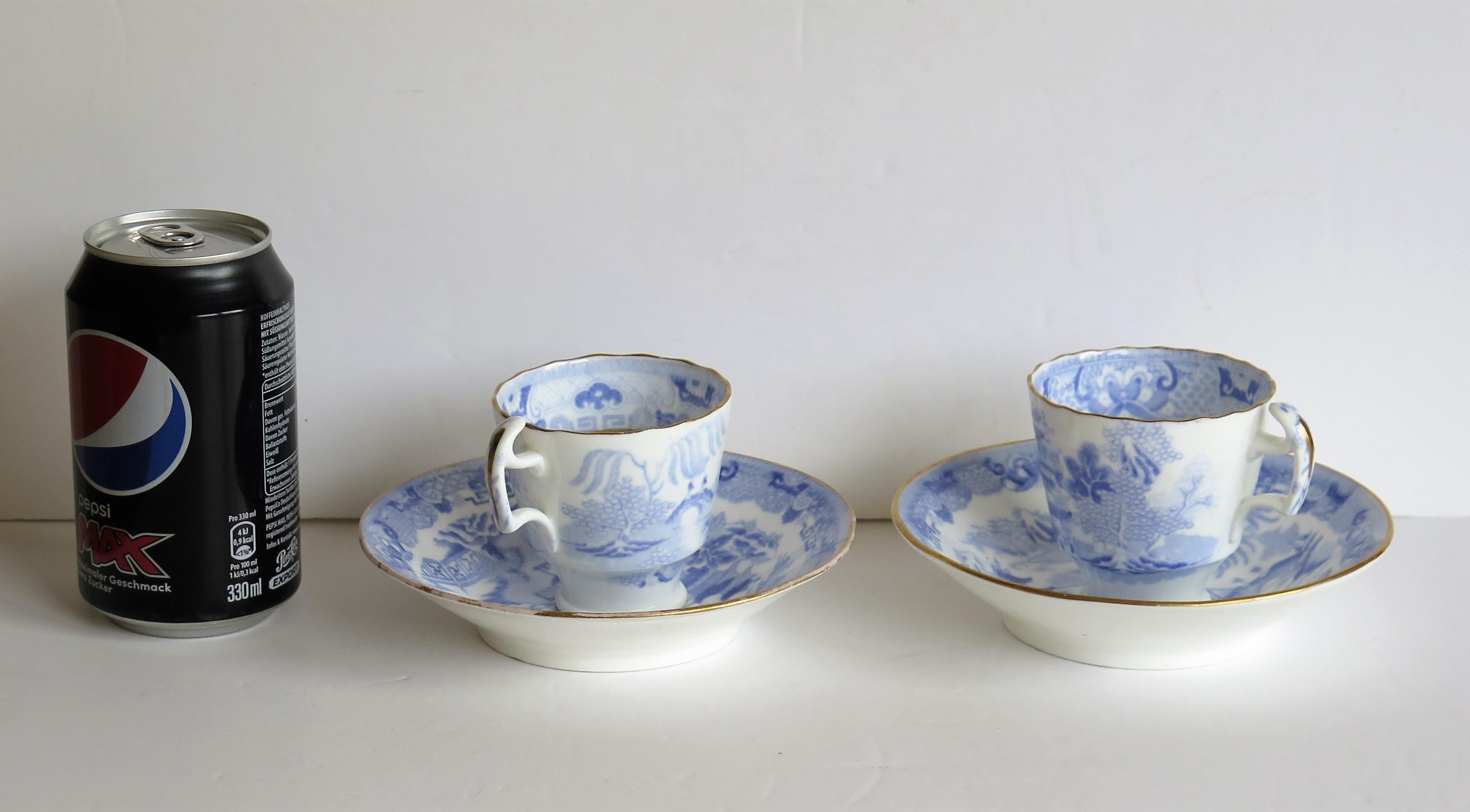 Miles Mason Porcelain Pair of Cups & Saucers Blue Broseley Willow Ptn circa 1815 4