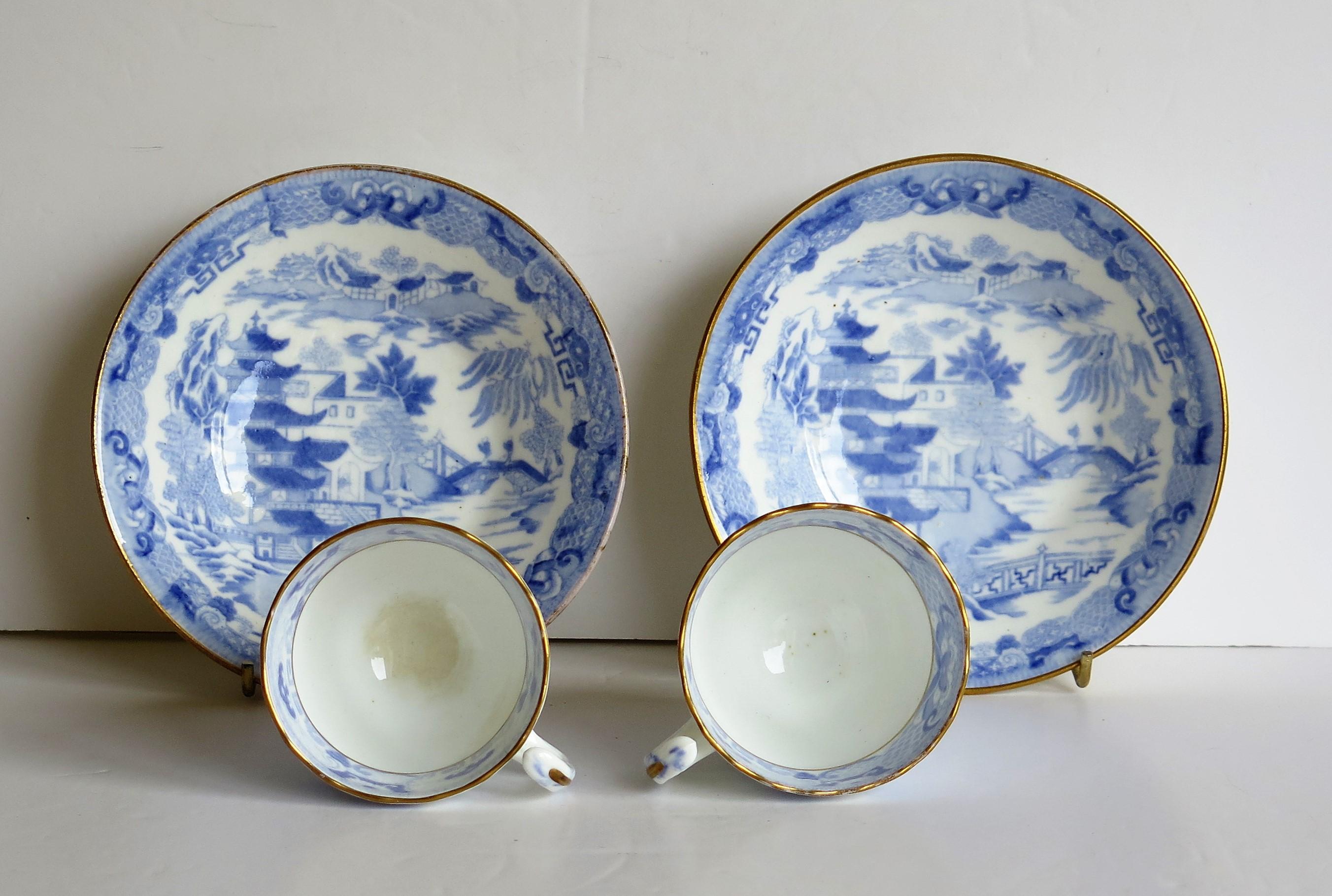 Glazed Miles Mason Porcelain Pair of Cups & Saucers Blue Broseley Willow Ptn circa 1815