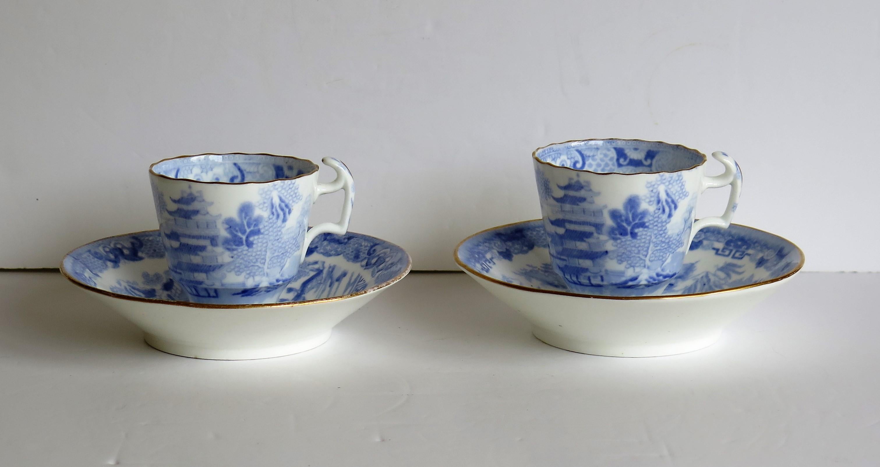 19th Century Miles Mason Porcelain Pair of Cups & Saucers Blue Broseley Willow Ptn circa 1815