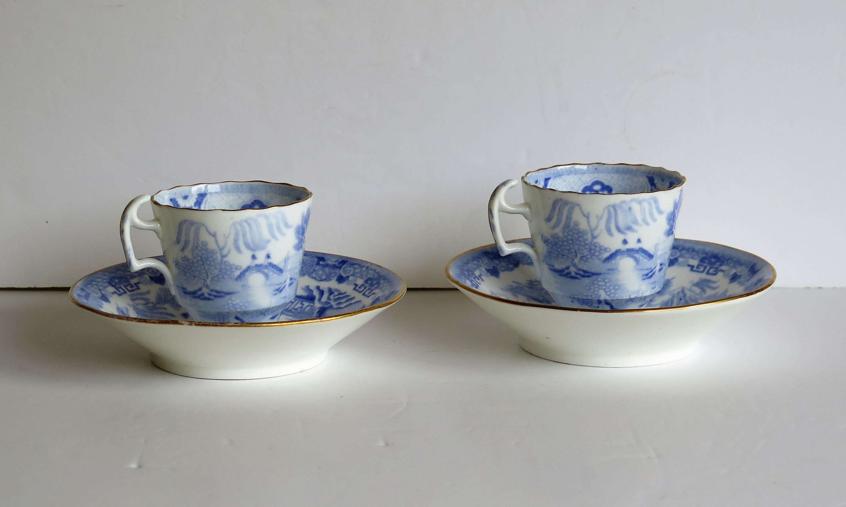 Miles Mason Porcelain Pair of Cups & Saucers Blue Broseley Willow Ptn circa 1815 1