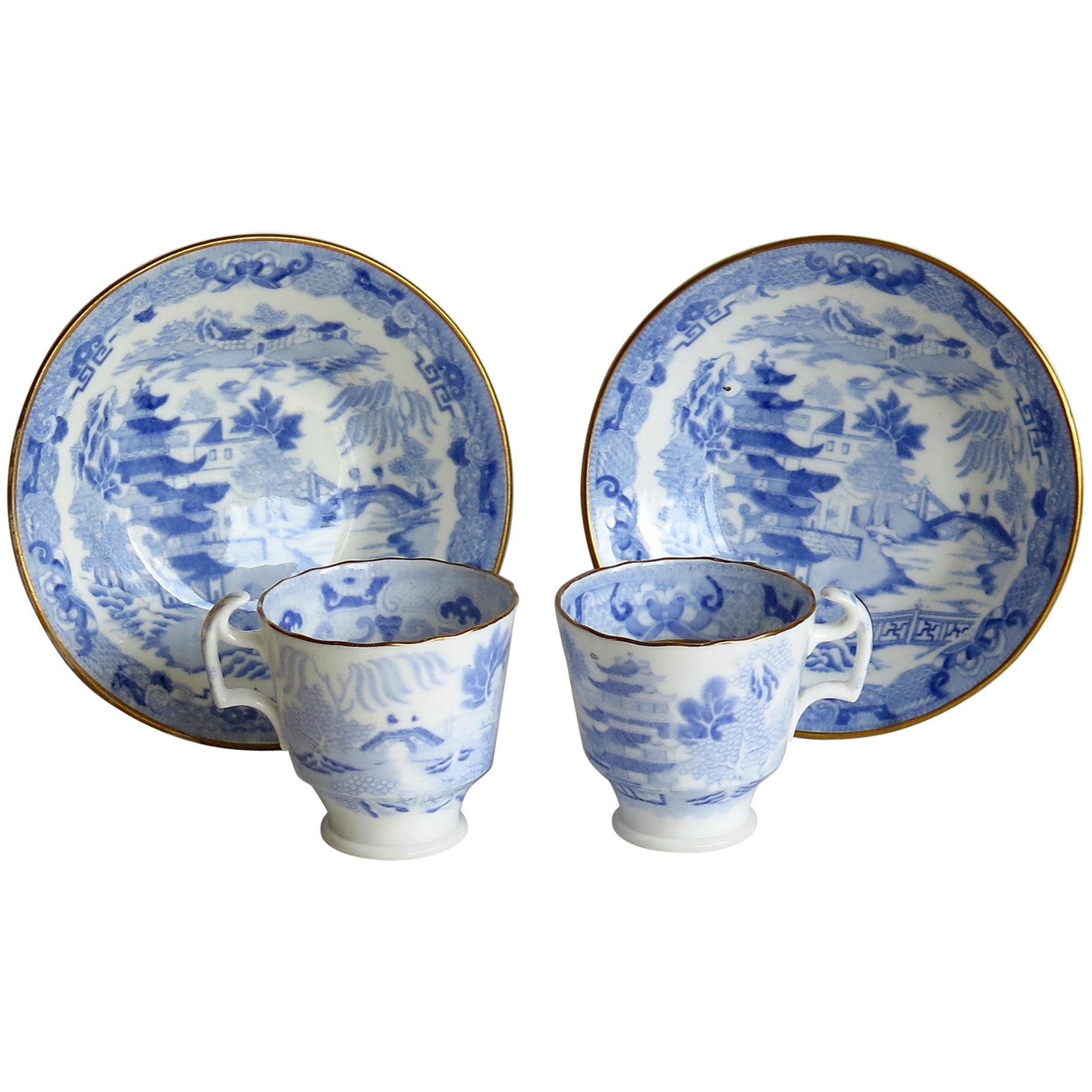 Miles Mason Porcelain Pair of Cups & Saucers Blue Broseley Willow Ptn circa 1815