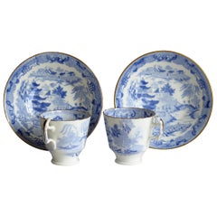 Miles Mason Porcelain Pair of Cups & Saucers Blue Broseley Willow Ptn circa 1815