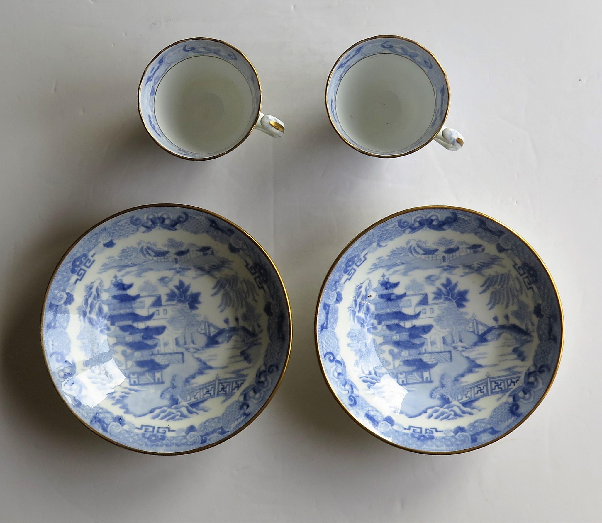 Miles Mason Porcelain Pair of Cups & Saucers Blue Broseley Willow Ptn circa 1815 2