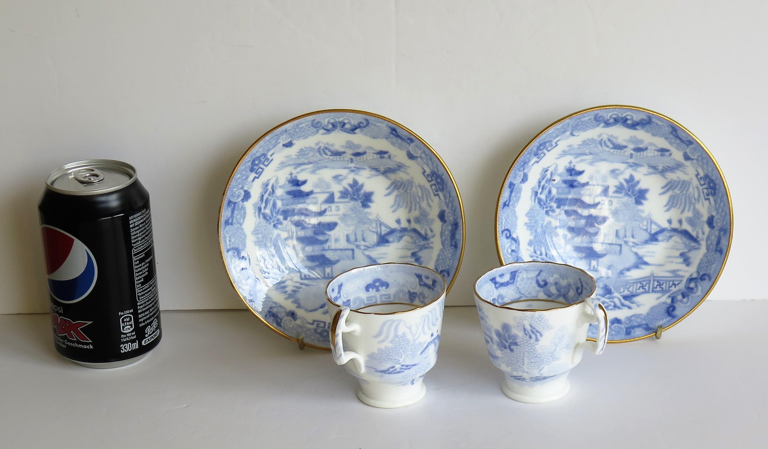 Miles Mason Porcelain Pair of Cups & Saucers Blue Broseley Willow Ptn circa 1815 4