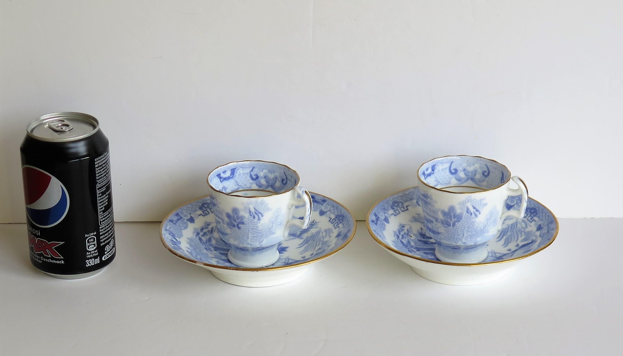 Miles Mason Porcelain Pair of Cups & Saucers Blue Broseley Willow Ptn circa 1815 4