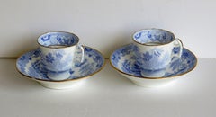 Miles Mason Porcelain Pair of Cups & Saucers Blue Broseley Willow Ptn circa 1815
