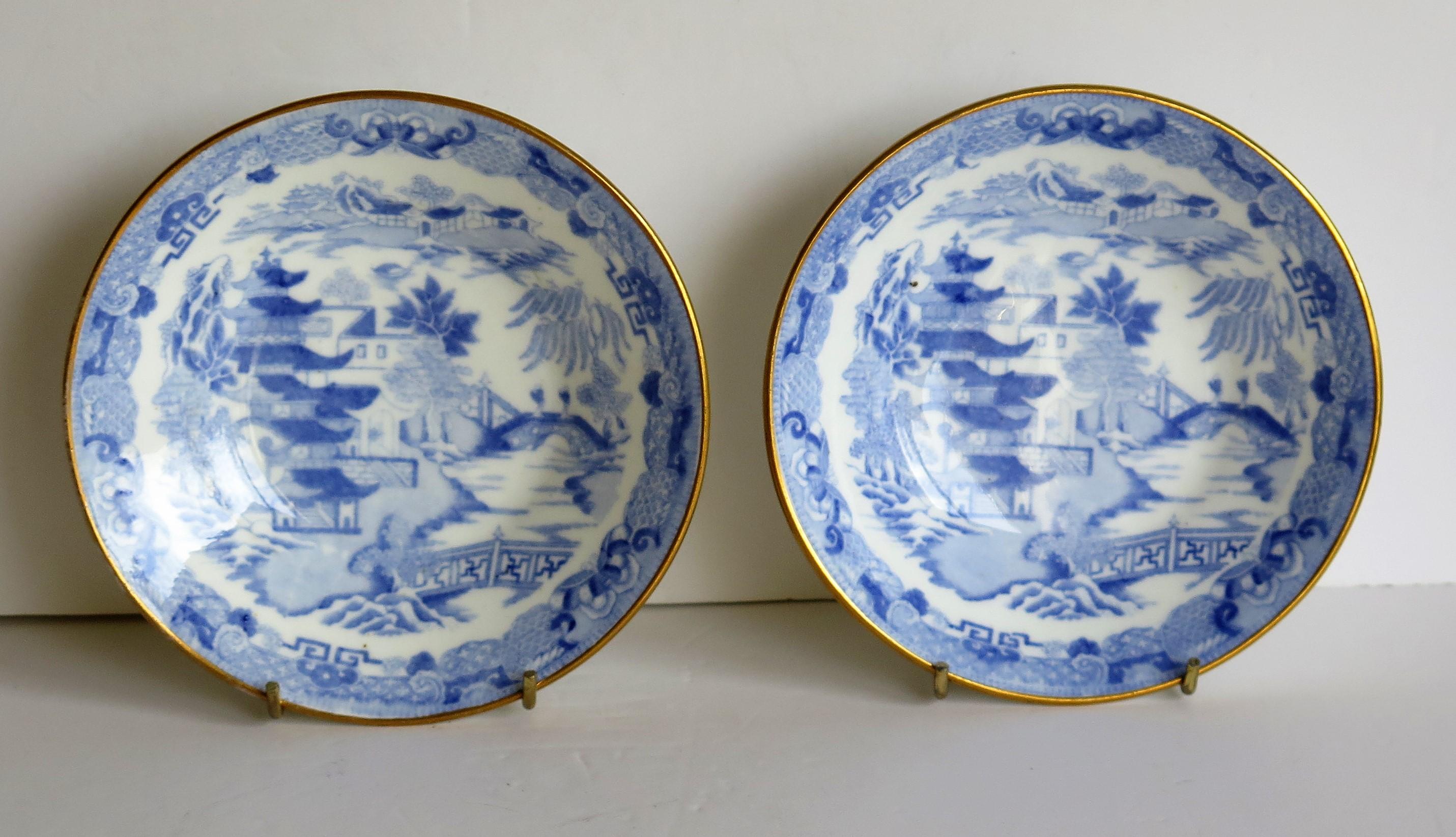 Glazed Miles Mason Porcelain Pair of Cups & Saucers Blue Broseley Willow Ptn circa 1815