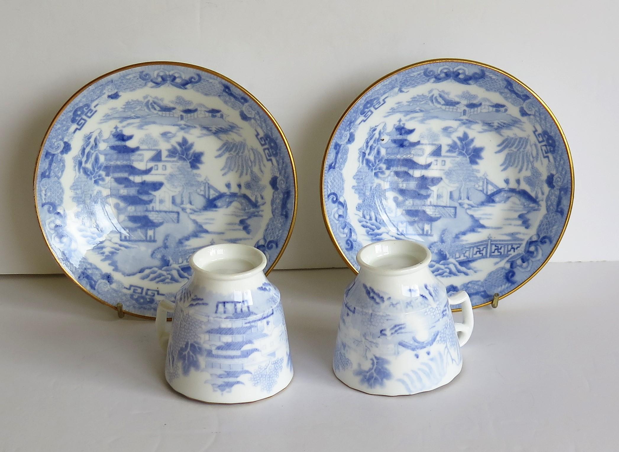 19th Century Miles Mason Porcelain Pair of Cups & Saucers Blue Broseley Willow Ptn circa 1815