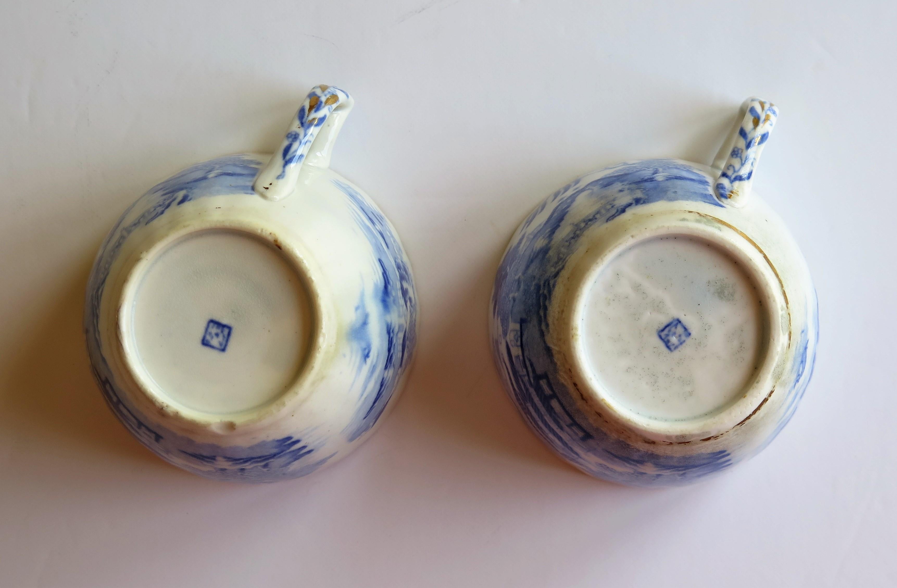 Miles Mason Porcelain Pair of Tea Cups Broseley Blue and White Pattern, Ca 1805 10