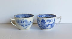 Miles Mason Porcelain PAIR of Tea Cups Broseley Blue and White Pattern, Ca. 1805