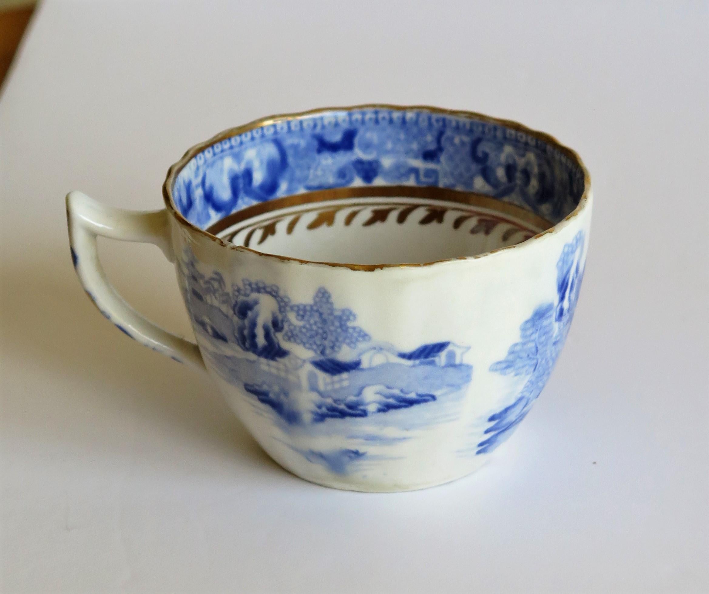 Miles Mason Porcelain Pair of Tea Cups Broseley Blue and White Pattern, Ca 1805 2