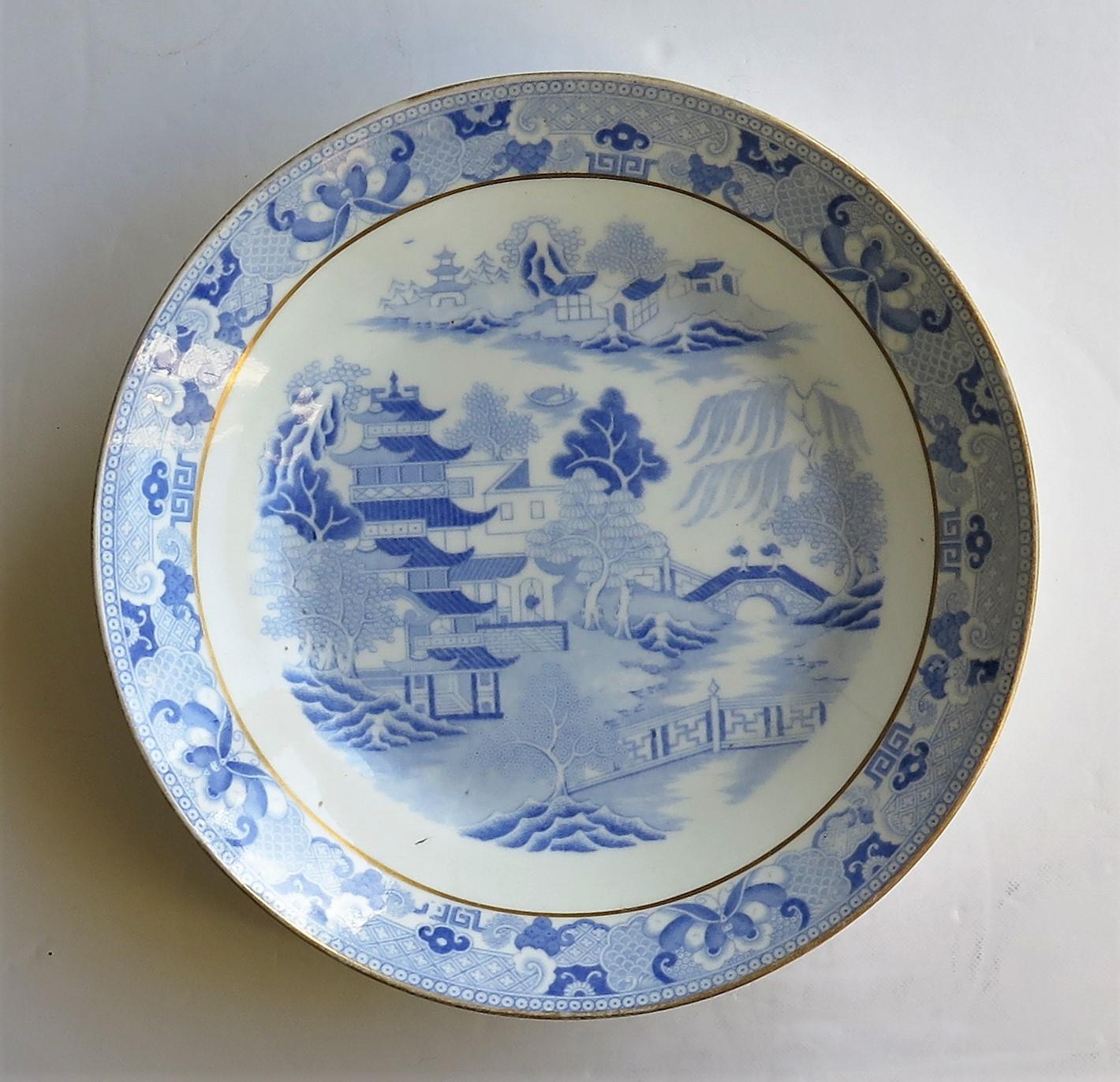 19th Century Miles Mason Porcelain Plate or Dish Blue & White Gilded Broseley Ptn, circa 1810