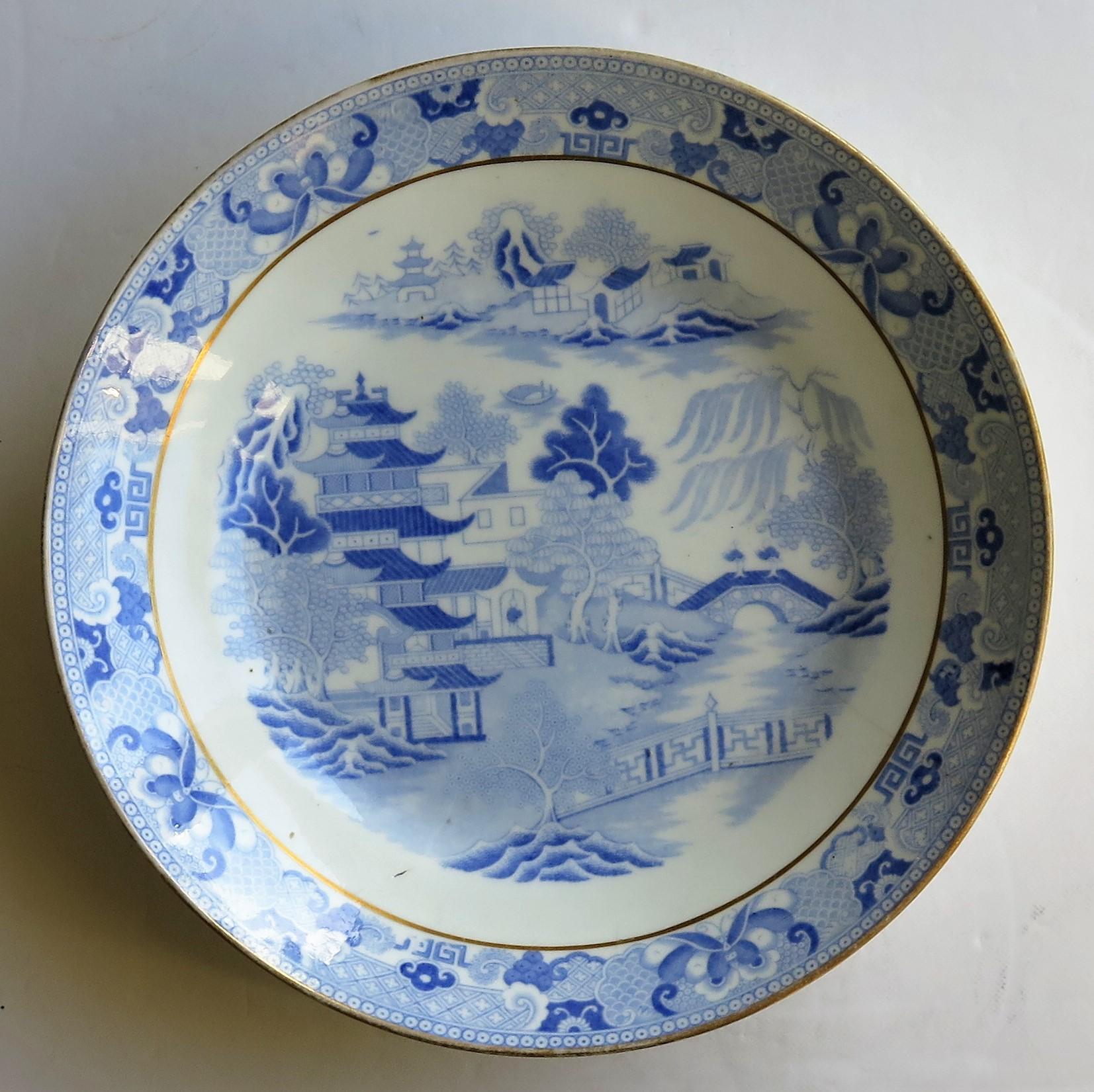 Miles Mason Porcelain Plate or Dish Blue & White Gilded Broseley Ptn, circa 1810 1