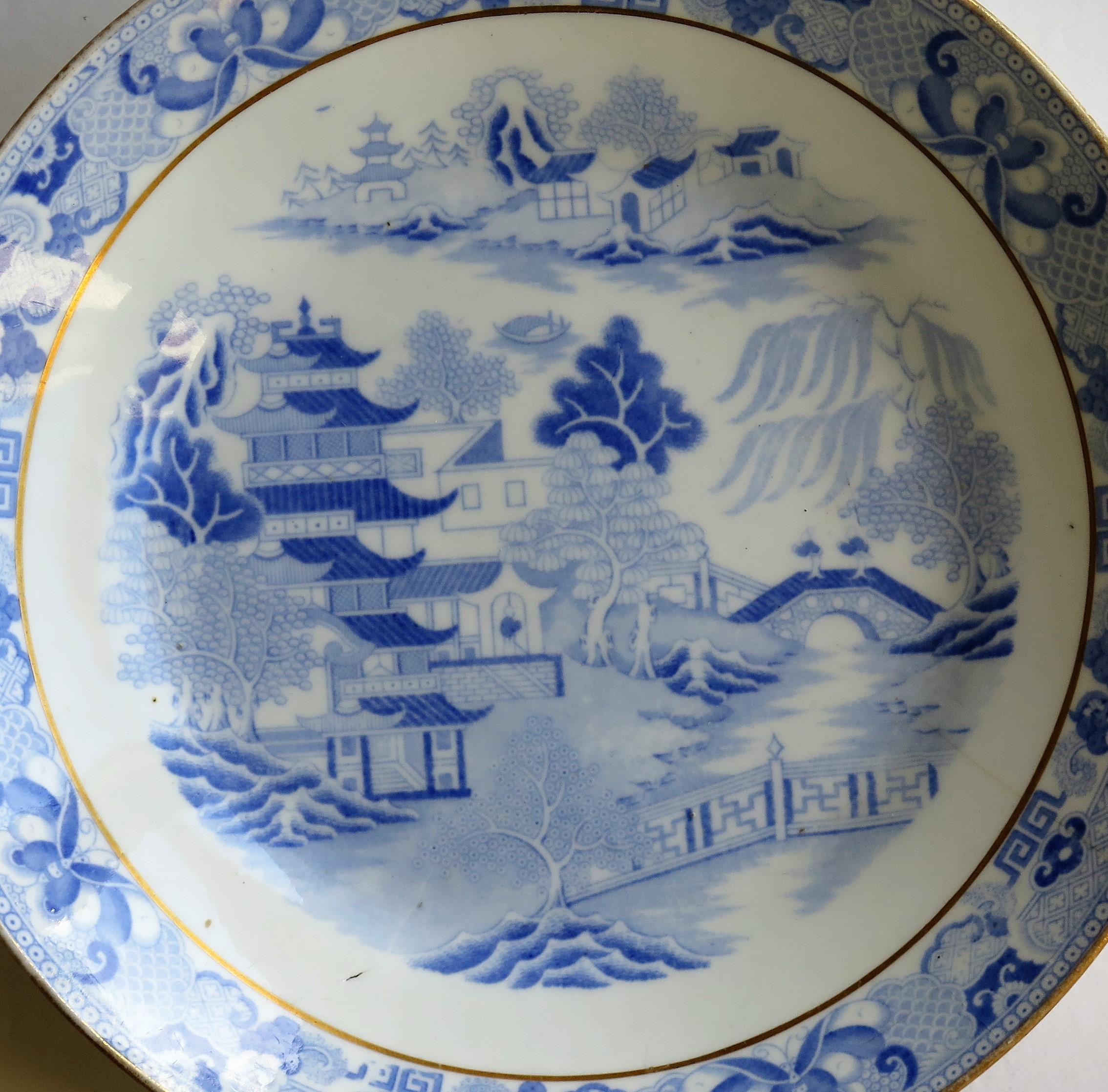 Miles Mason Porcelain Plate or Dish Blue & White Gilded Broseley Ptn, circa 1810 2