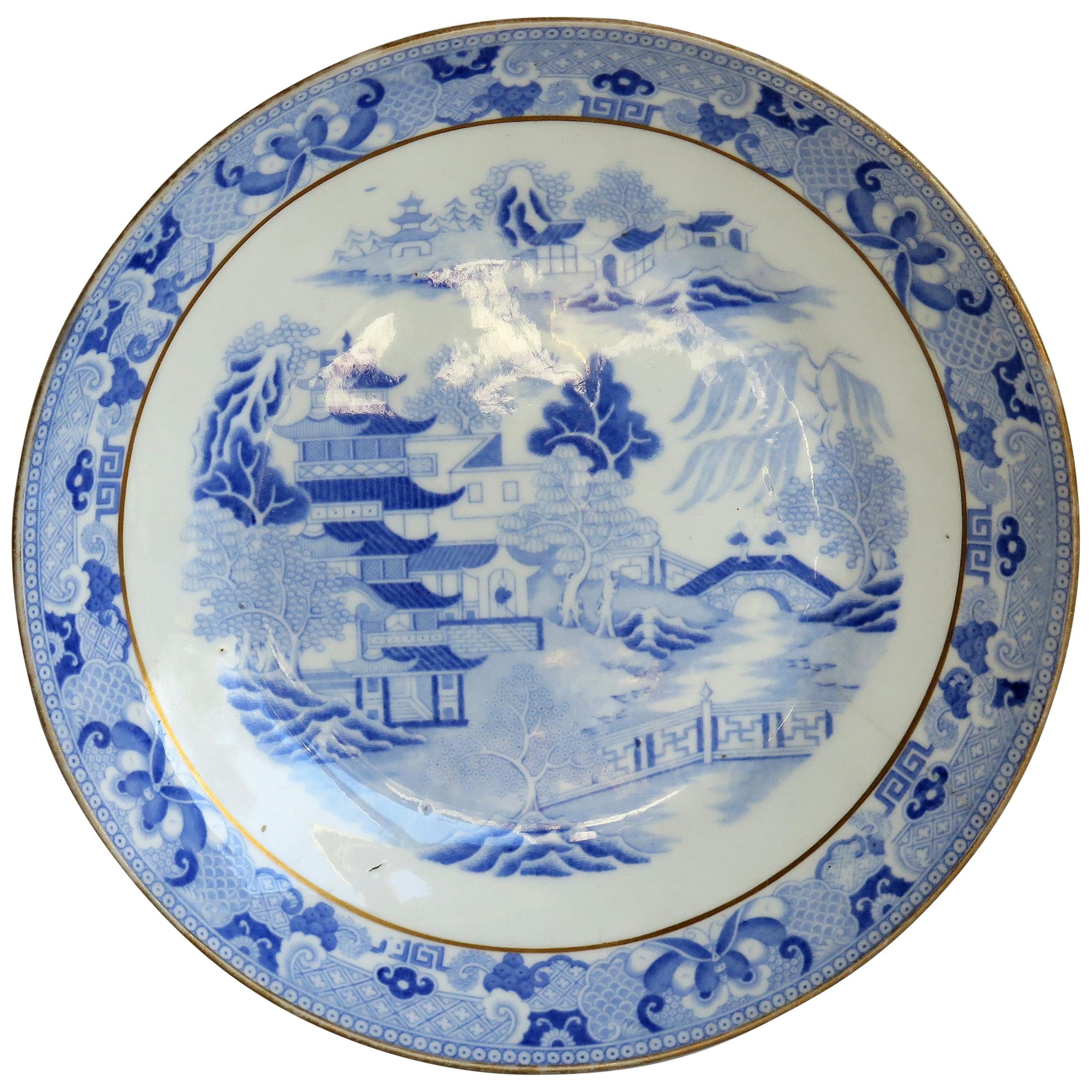 Miles Mason Porcelain Plate or Dish Blue & White Gilded Broseley Ptn, circa 1810