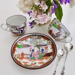 Miles Mason Porcelain Teacup Trio Boy at the Door Pattern Chinoiserie circa 1805