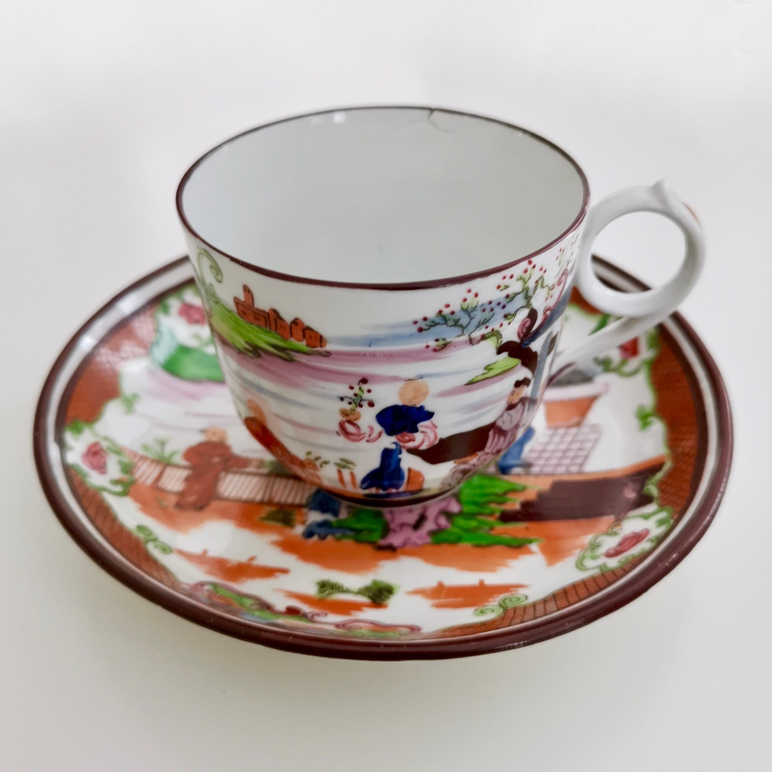 English Miles Mason Porcelain Teacup Trio Boy at the Door Pattern Chinoiserie circa 1805