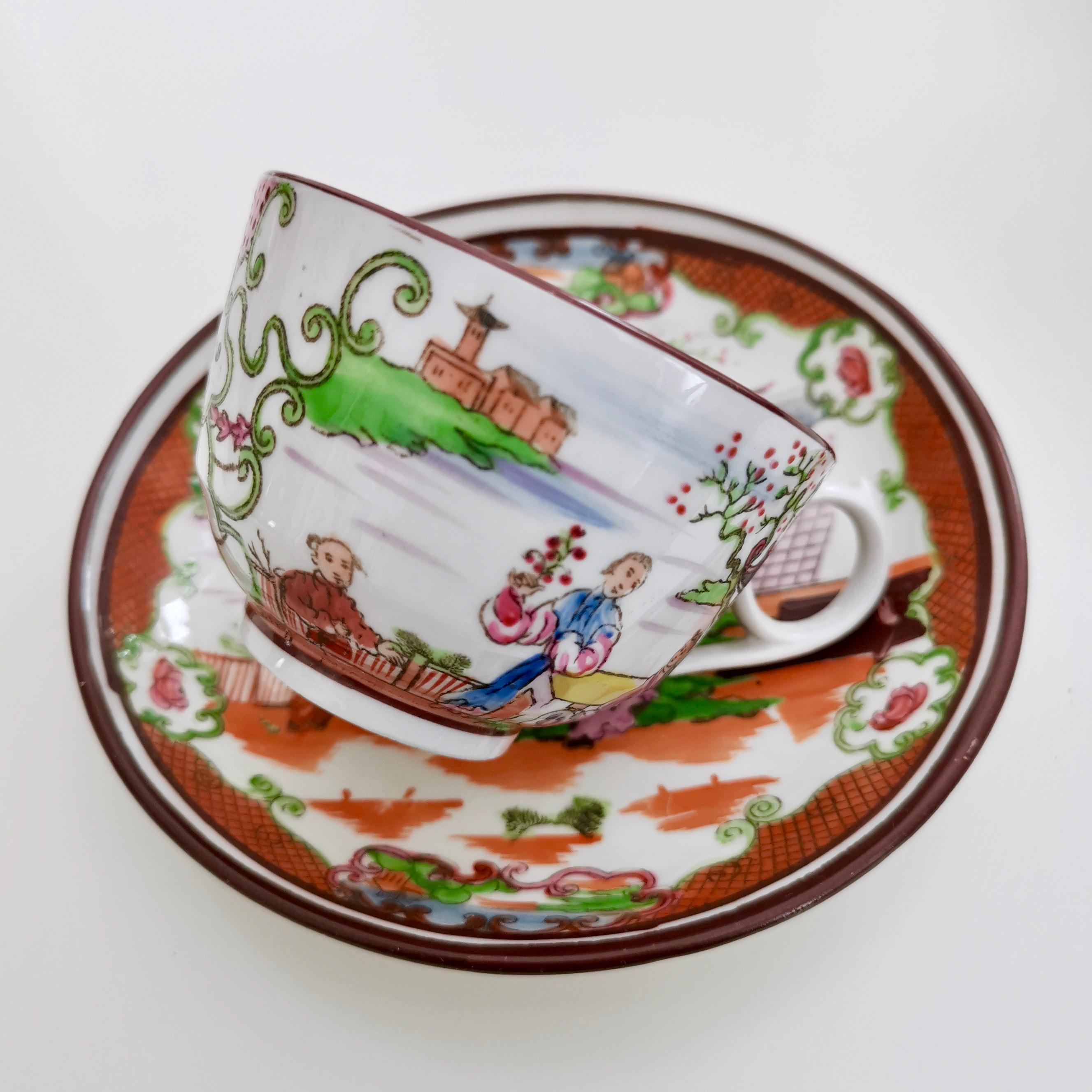 Hand-Painted Miles Mason Porcelain Teacup Trio Boy at the Door Pattern Chinoiserie circa 1805
