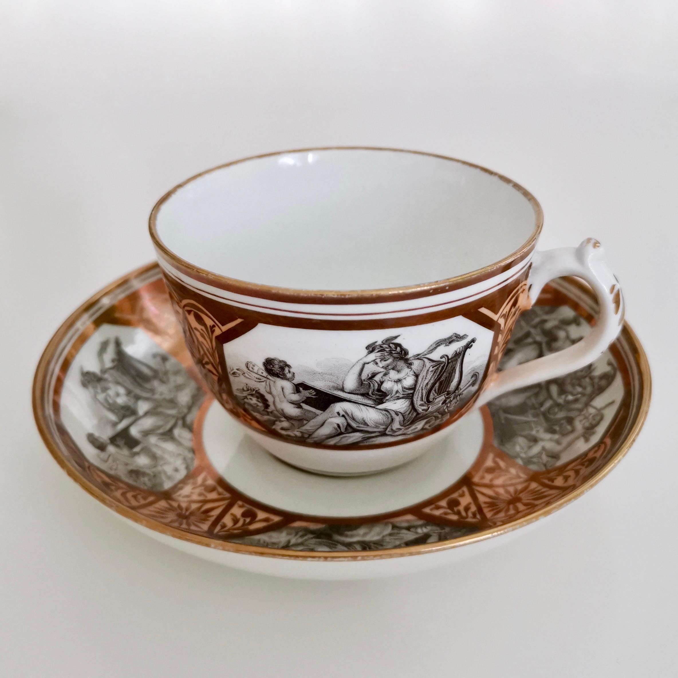 English Miles Mason Porcelain Teacup Trio, Minerva and Cherubs, Bronze, Regency ca 1810