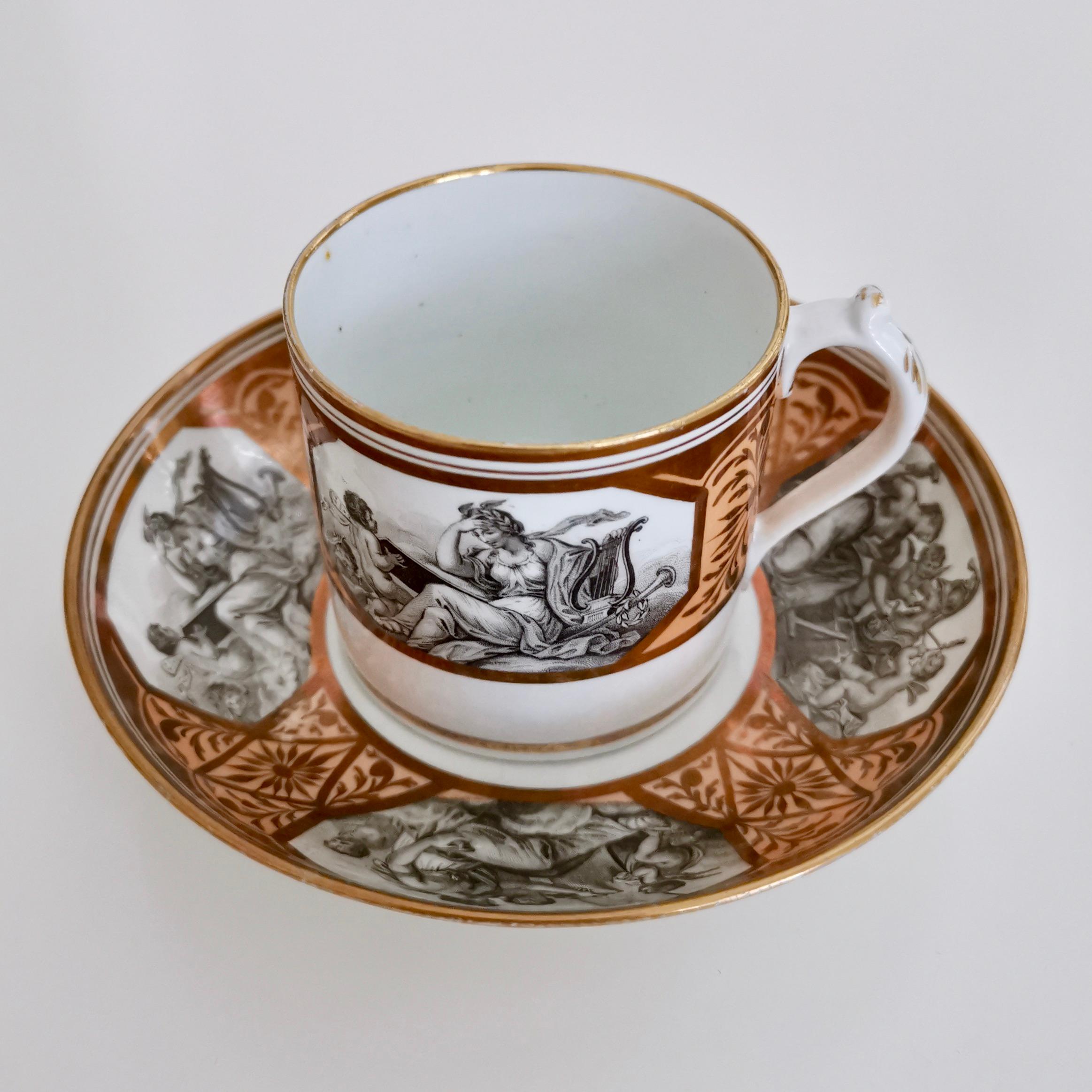 Hand-Painted Miles Mason Porcelain Teacup Trio, Minerva and Cherubs, Bronze, Regency ca 1810