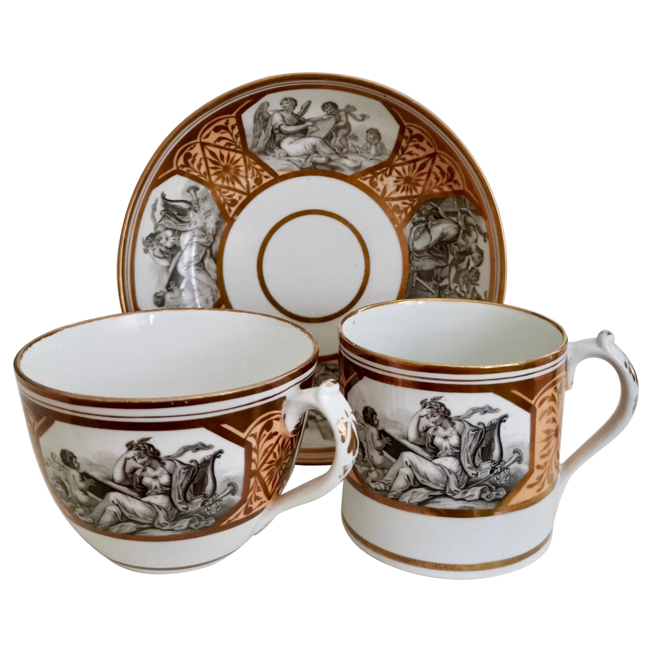 Miles Mason Porcelain Teacup Trio, Minerva and Cherubs, Bronze, Regency ca 1810