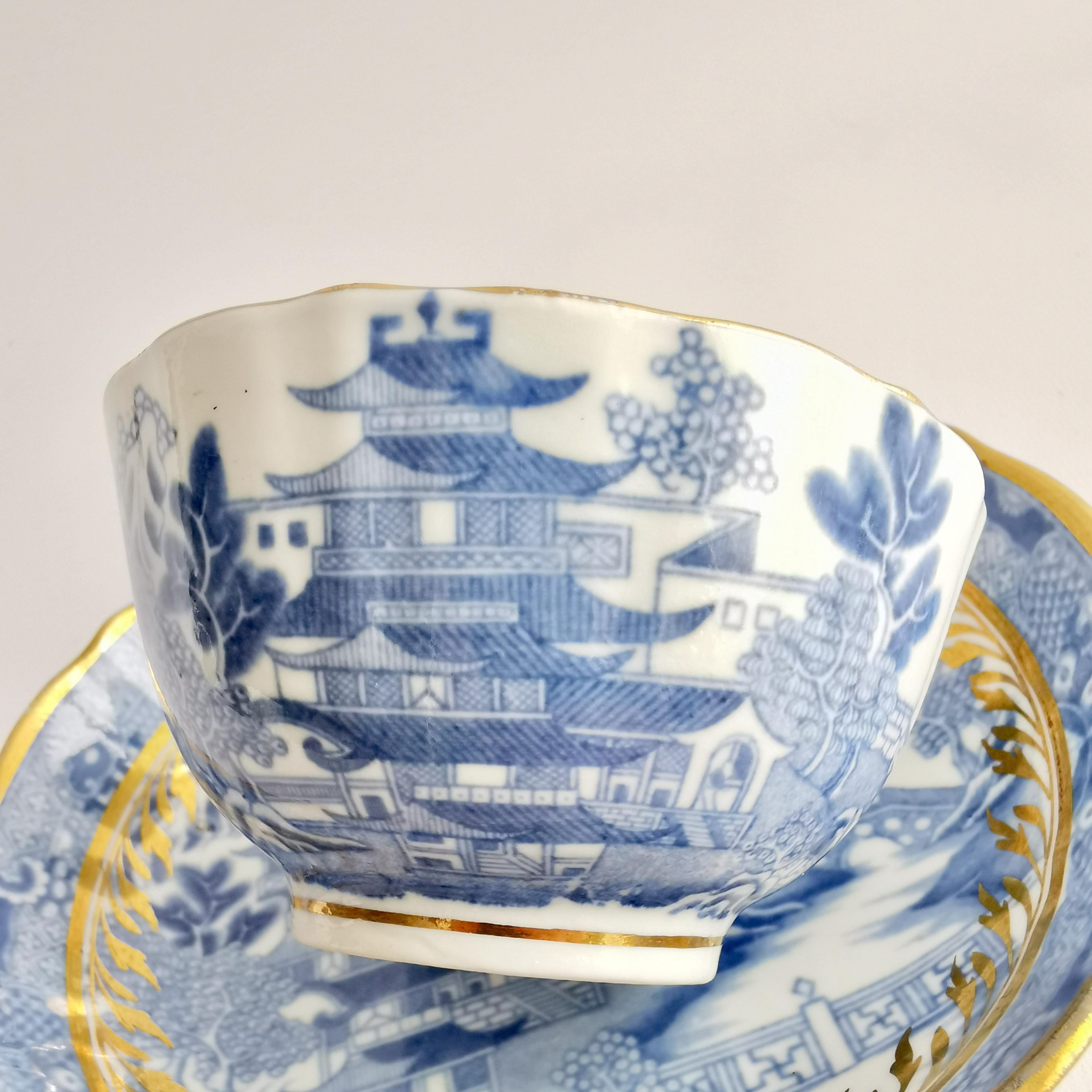Miles Mason Porcelain Teacup Trio, Pagoda Pattern Blue White Transfer, ca 1810 3