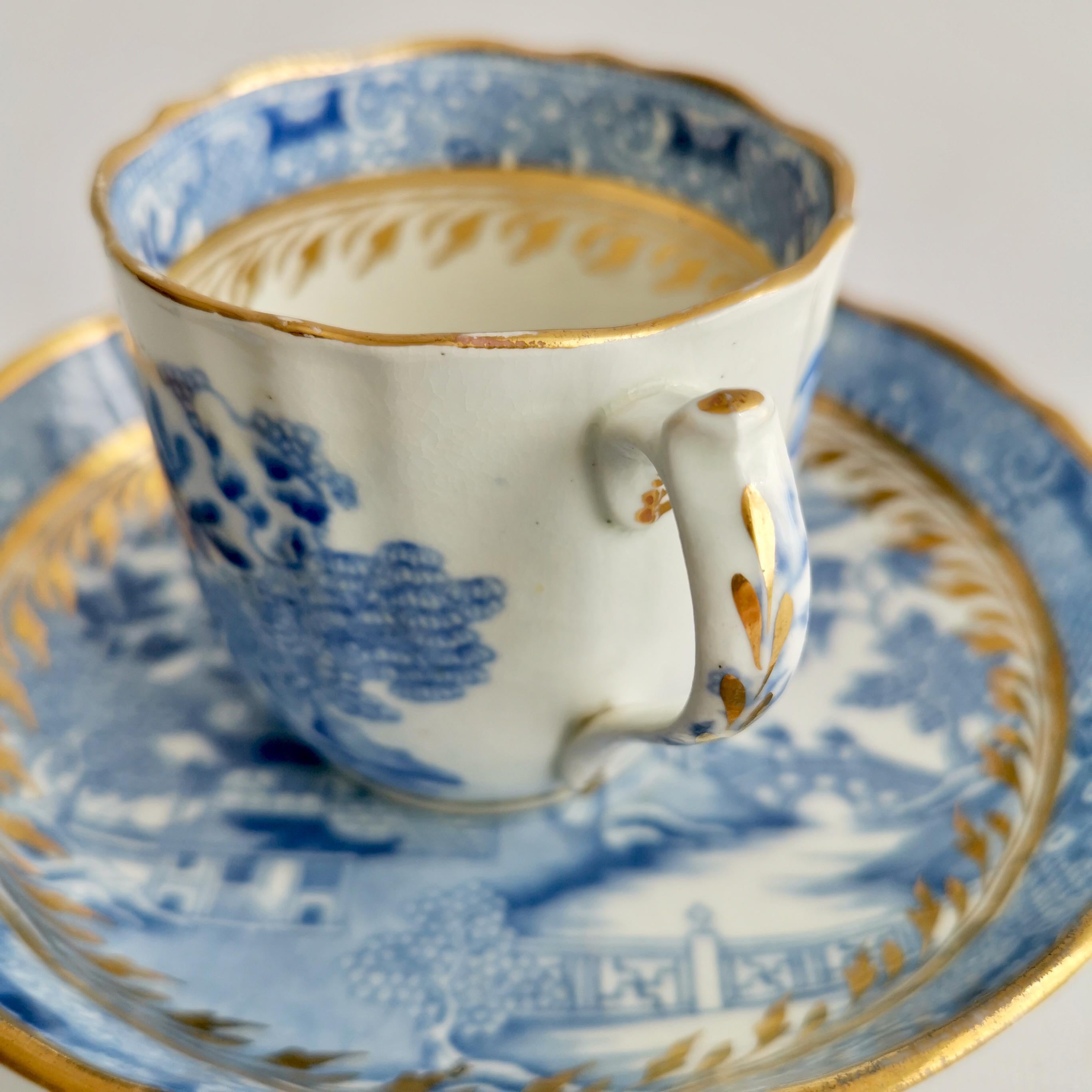 Miles Mason Porcelain Teacup Trio, Pagoda Pattern Blue White Transfer, ca 1810 5