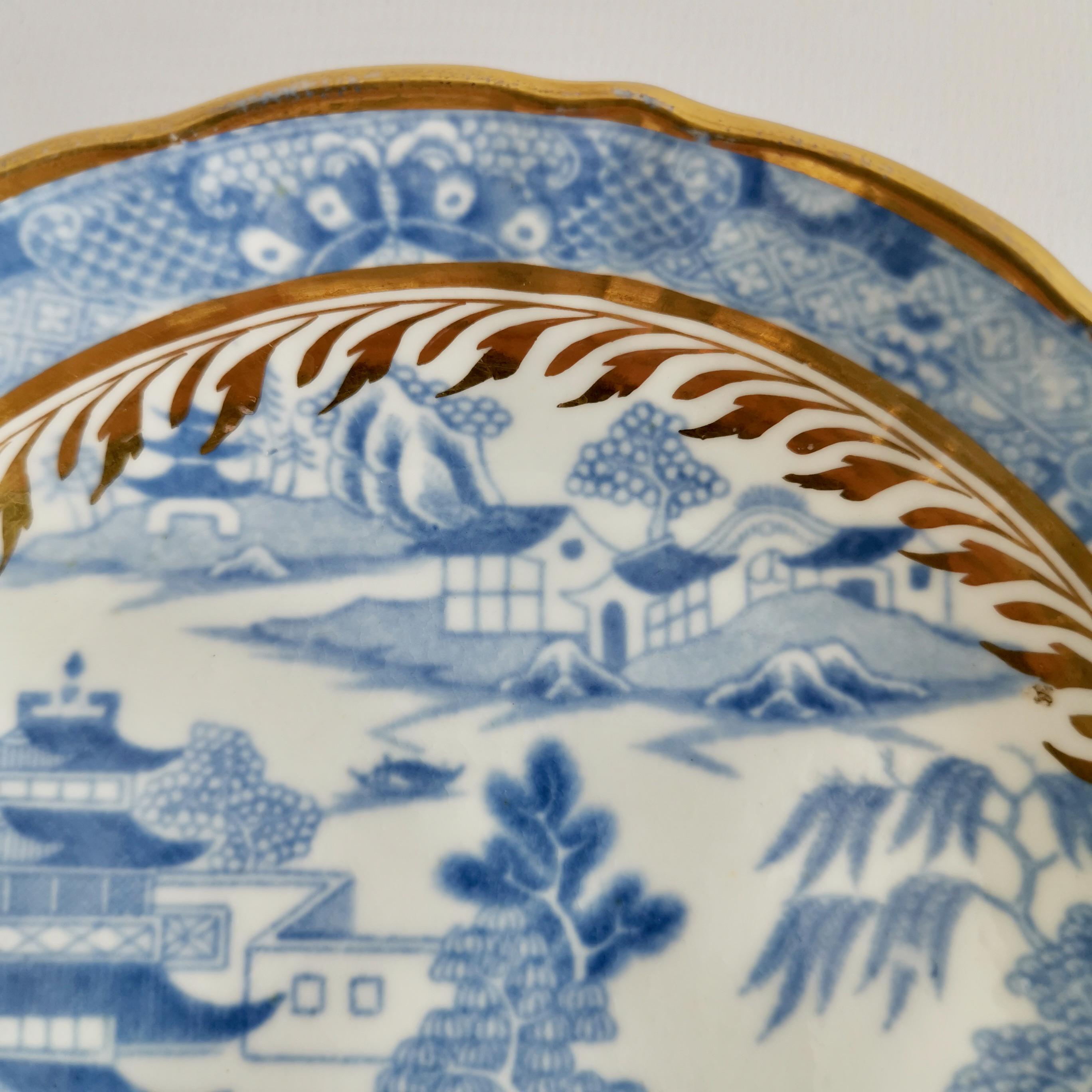 Miles Mason Porcelain Teacup Trio, Pagoda Pattern Blue White Transfer, ca 1810 6
