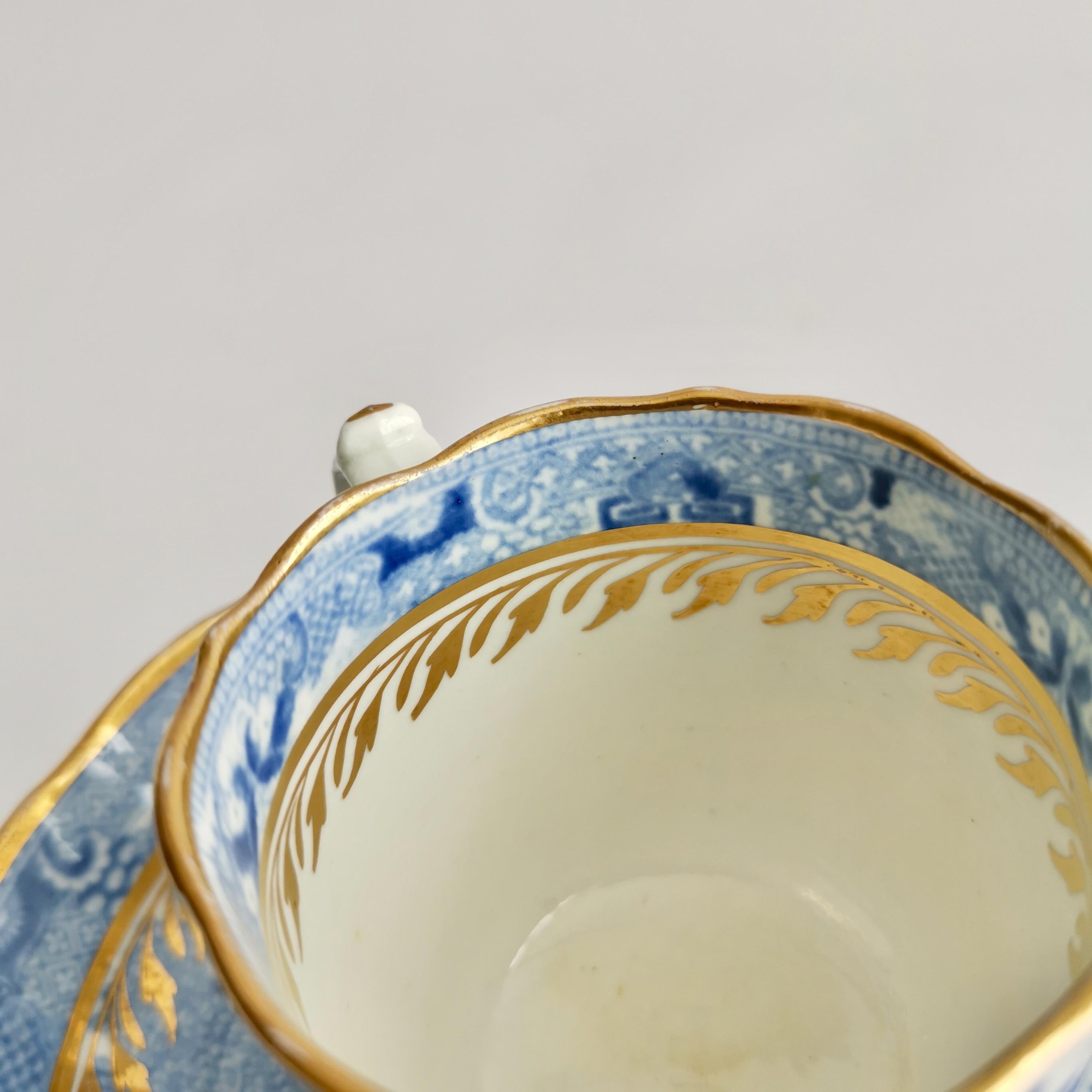 Miles Mason Porcelain Teacup Trio, Pagoda Pattern Blue White Transfer, ca 1810 7