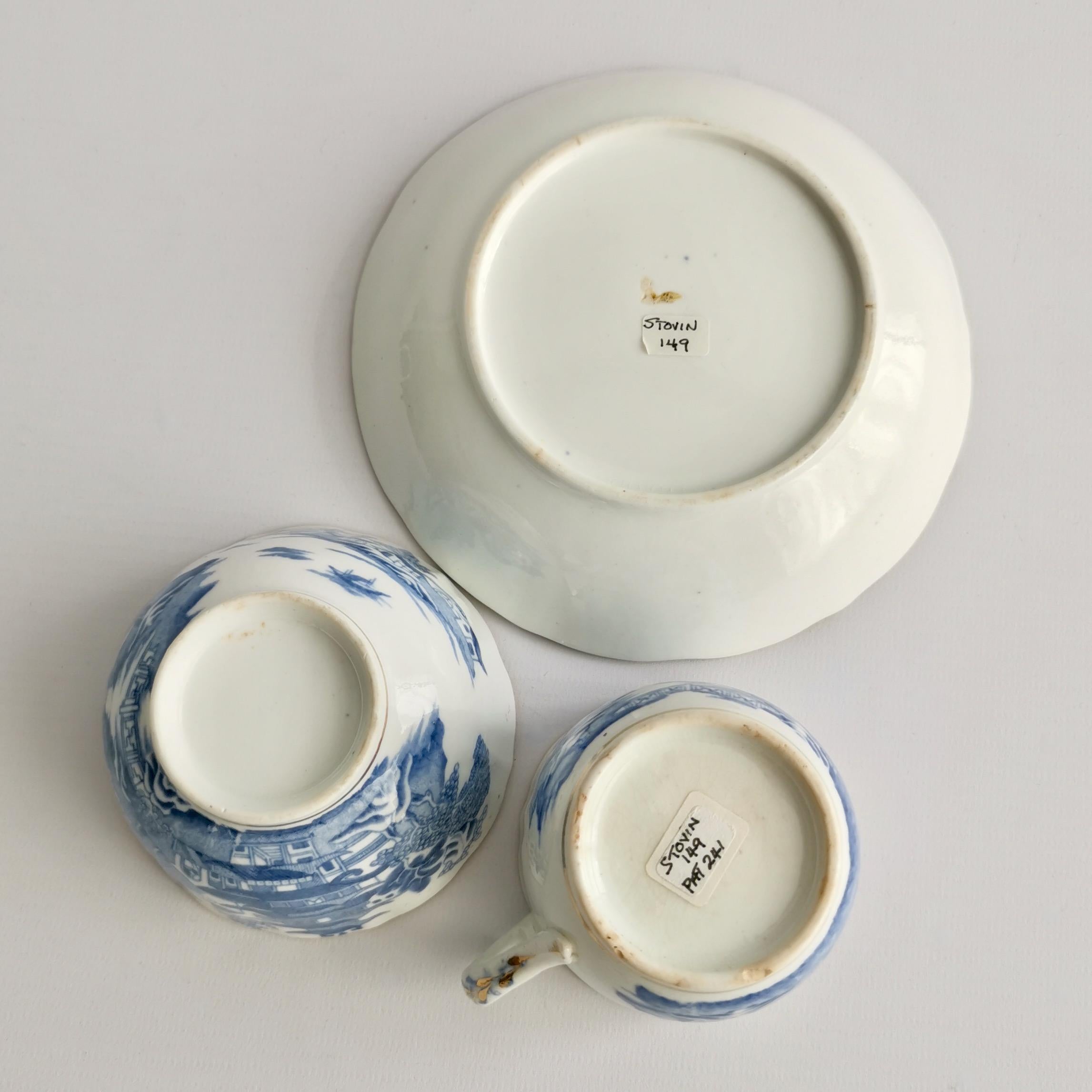 Miles Mason Porcelain Teacup Trio, Pagoda Pattern Blue White Transfer, ca 1810 8