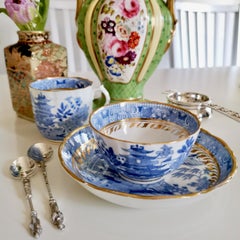 Miles Mason Porcelain Teacup Trio, Pagoda Pattern Blue White Transfer, ca 1810
