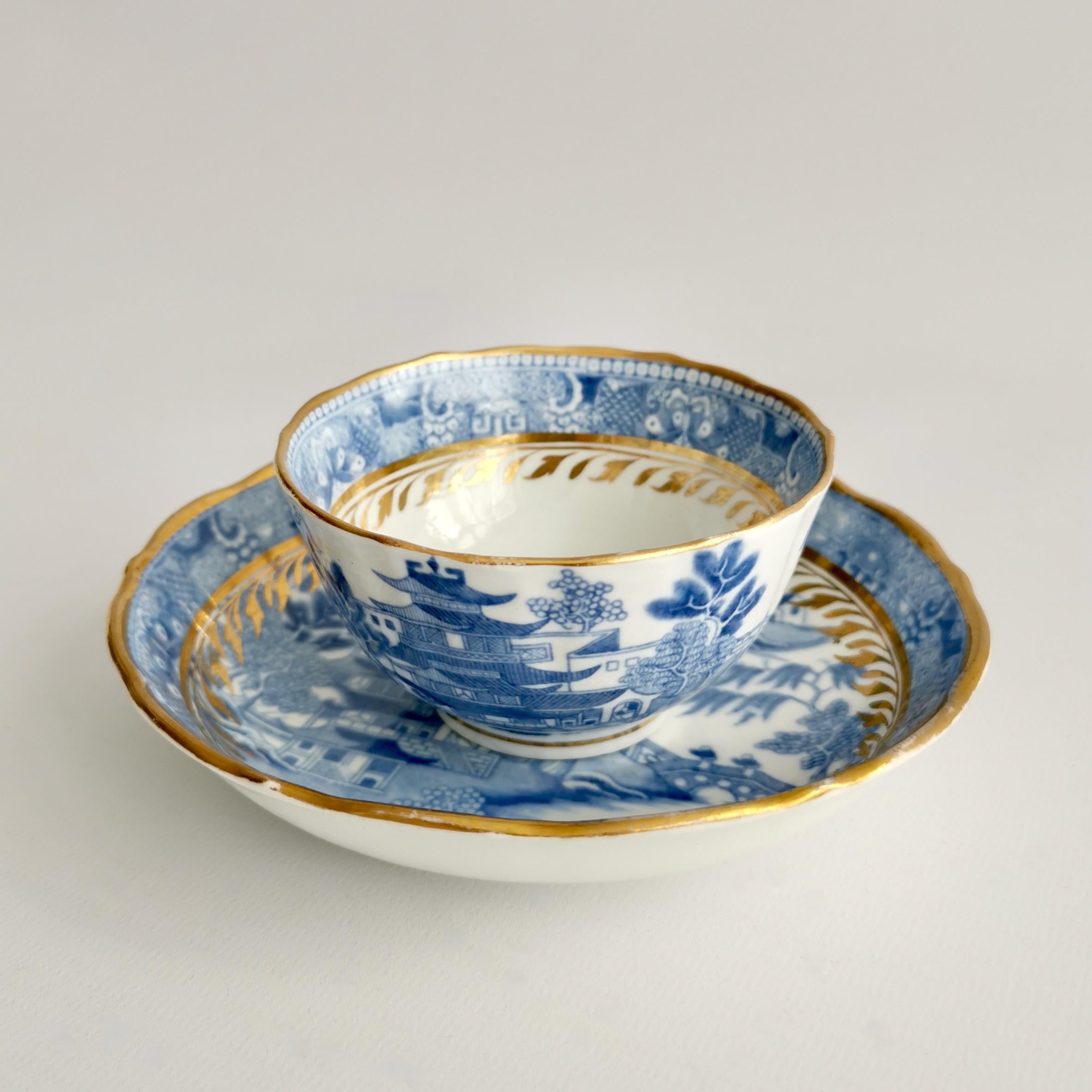 Regency Miles Mason Porcelain Teacup Trio, Pagoda Pattern Blue White Transfer, ca 1810