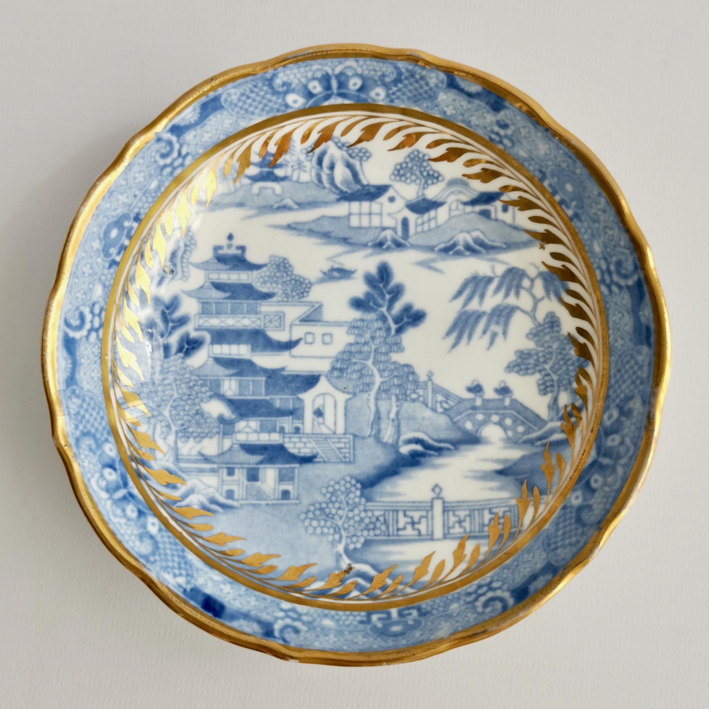 English Miles Mason Porcelain Teacup Trio, Pagoda Pattern Blue White Transfer, ca 1810