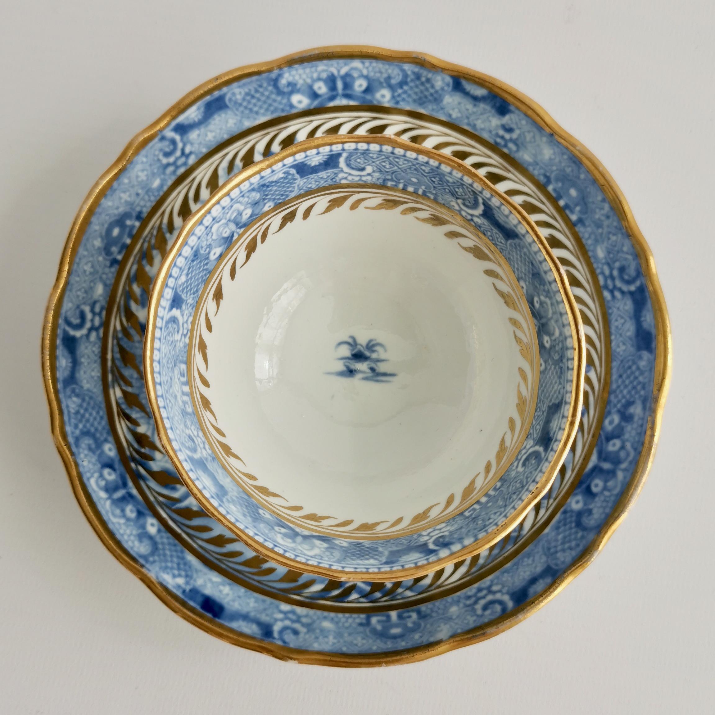 Early 19th Century Miles Mason Porcelain Teacup Trio, Pagoda Pattern Blue White Transfer, ca 1810