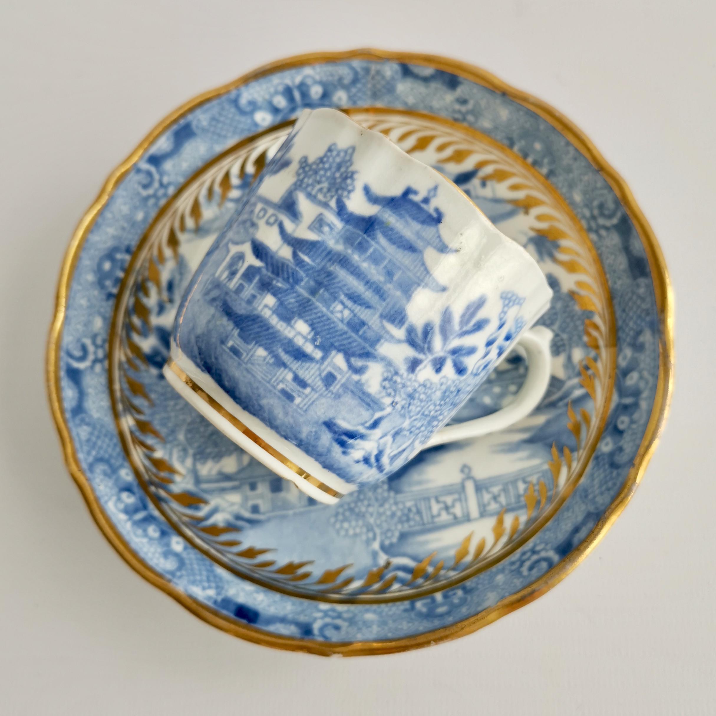 Miles Mason Porcelain Teacup Trio, Pagoda Pattern Blue White Transfer, ca 1810 1