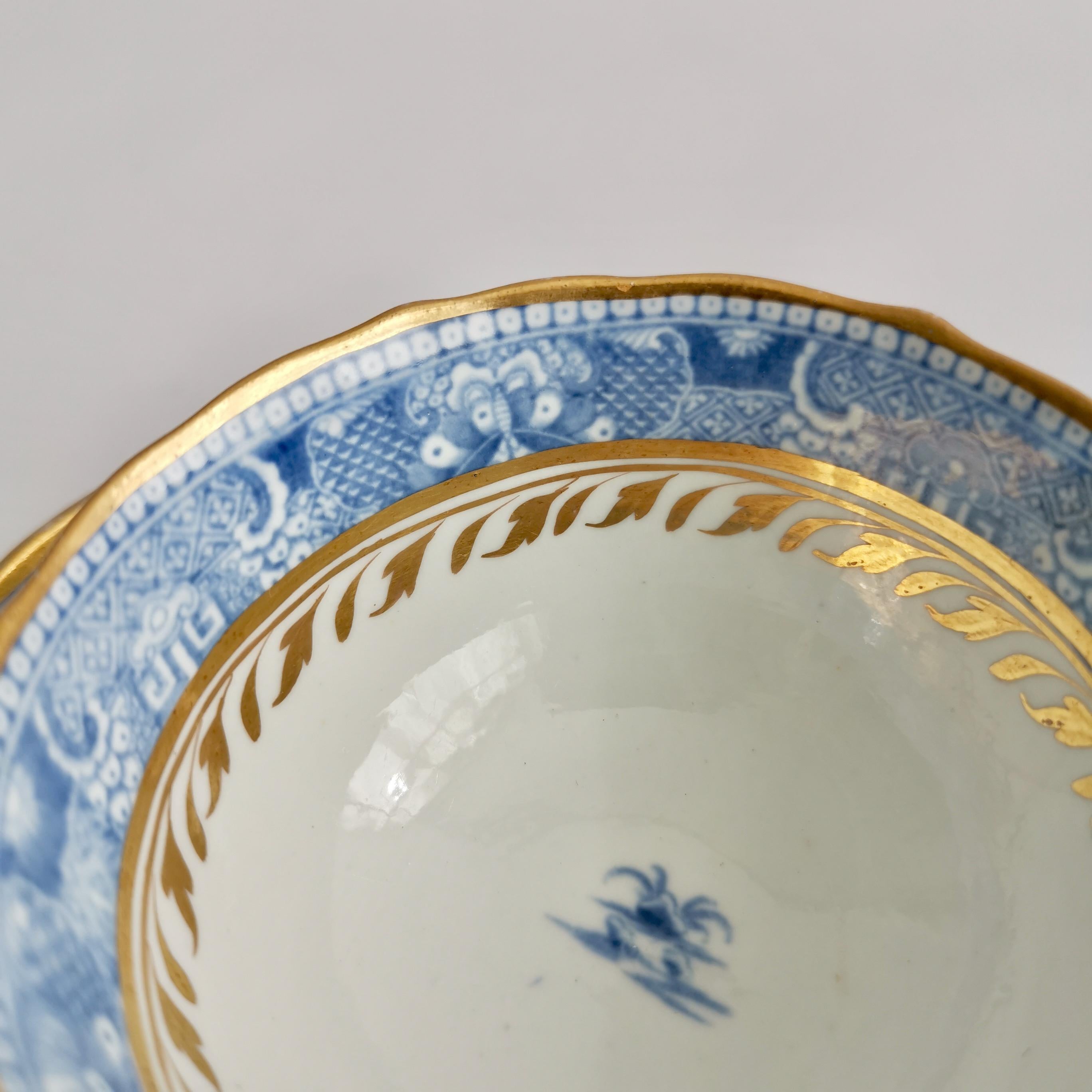 Miles Mason Porcelain Teacup Trio, Pagoda Pattern Blue White Transfer, ca 1810 2