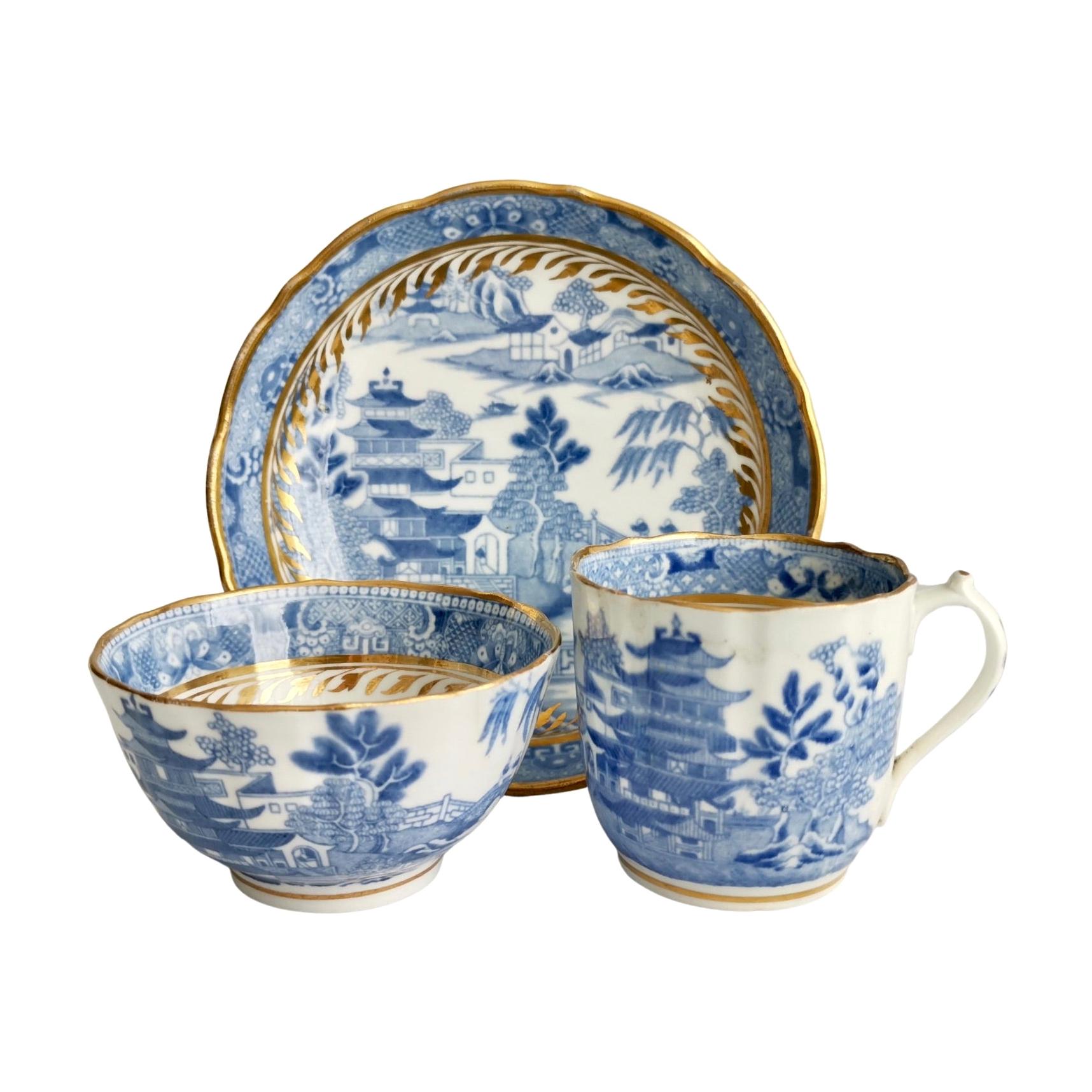 Miles Mason Porcelain Teacup Trio, Pagoda Pattern Blue White Transfer, ca 1810