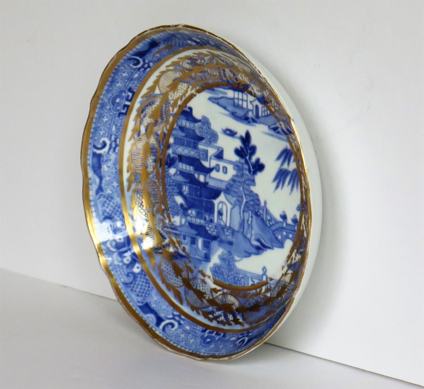 Miles Mason Porcelain Trio Blue and White Broseley Gilded Willow Ptn 50, Ca 1808 1