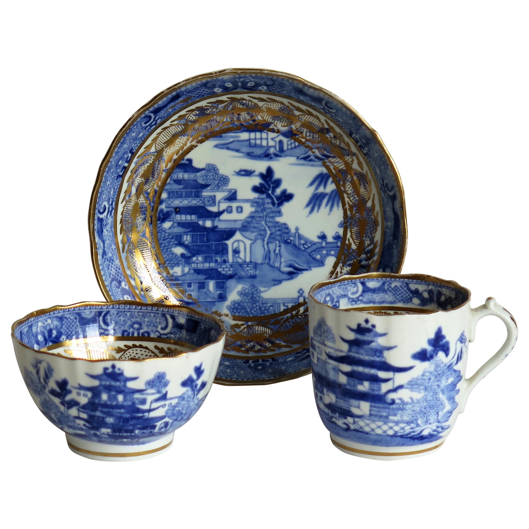 Miles Mason Porcelain Trio Blue and White Broseley Gilded Willow Ptn 50, Ca 1808