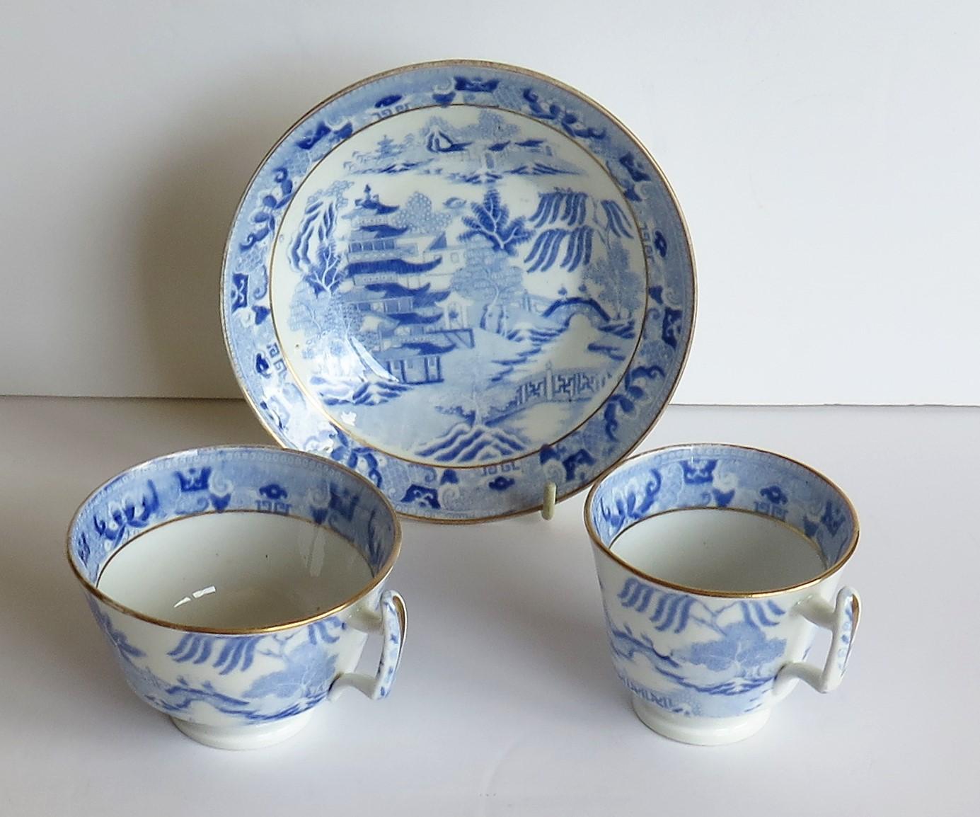 This is a Porcelain blue and white, hand gilded trio comprising tea Ccup, coffee cup and saucer made by Miles Mason (Mason's), Staffordshire Potteries, in the early 19th century, circa 1812-1820.

All pieces are well potted with the cups having