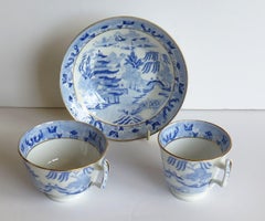 Miles Mason Porcelain Trio Blue and White Broseley Willow Pattern, circa 1815