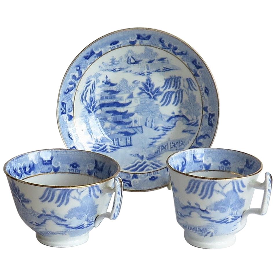 Miles Mason Porcelain Trio Blue and White Broseley Willow Pattern, circa 1815