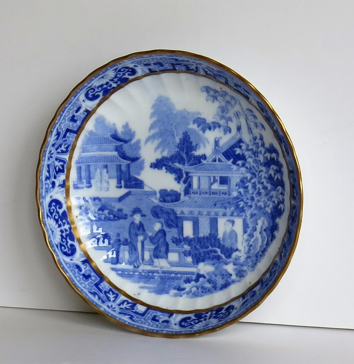 English Miles Mason Saucer Dish Blue and White Porcelain Chinamen on Verandah Pattern